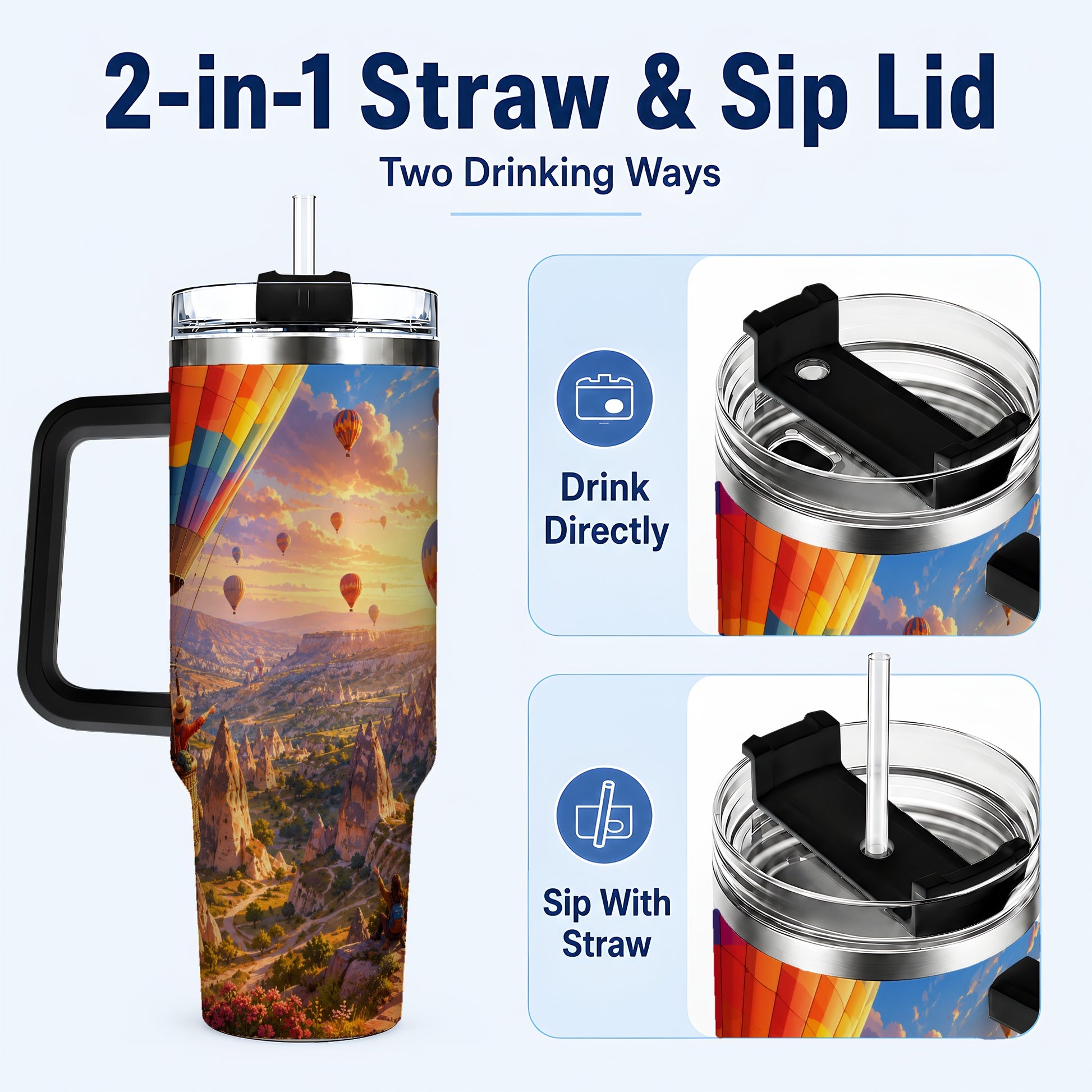 #pl[40oz|Black] Hot Air Balloon 40oz Tumbler with Handle, Canyon Sunrise Adventure
