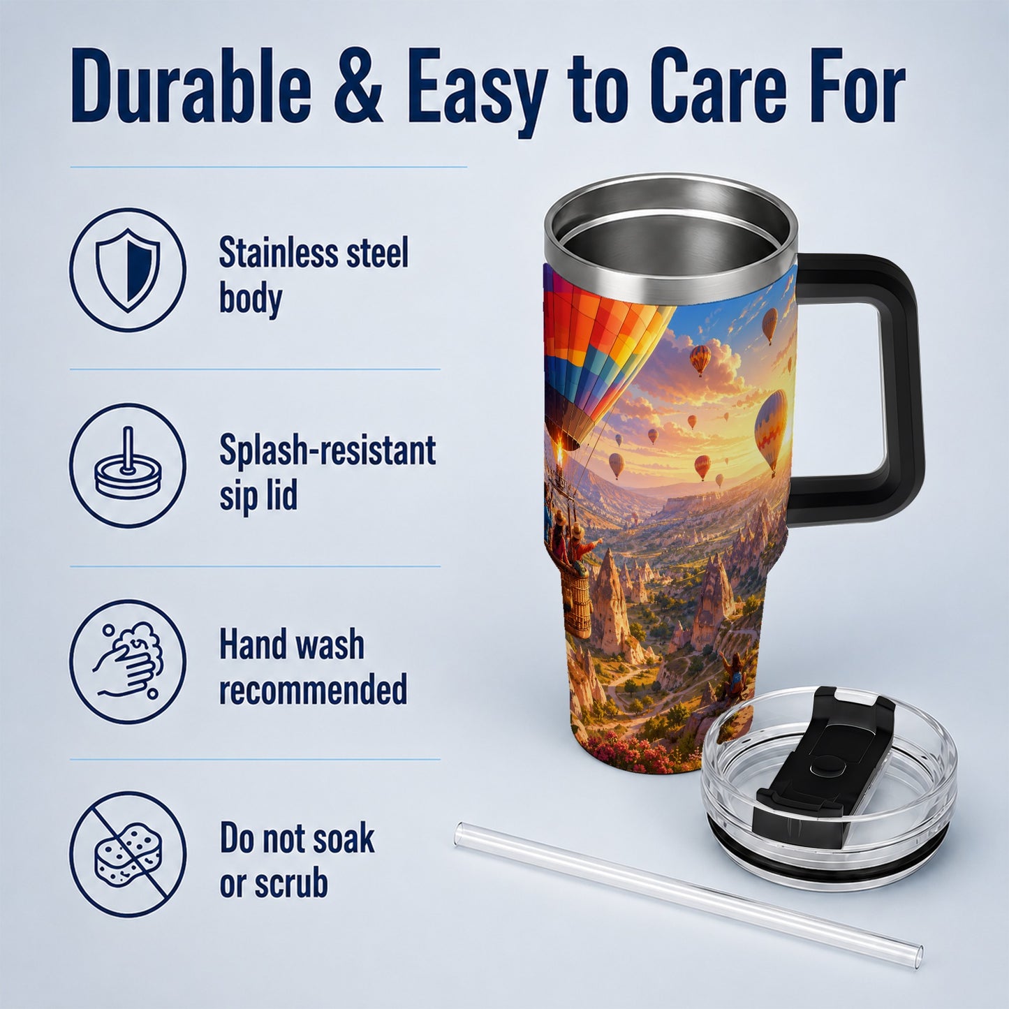 #pl[40oz|Black] Hot Air Balloon 40oz Tumbler with Handle, Canyon Sunrise Adventure