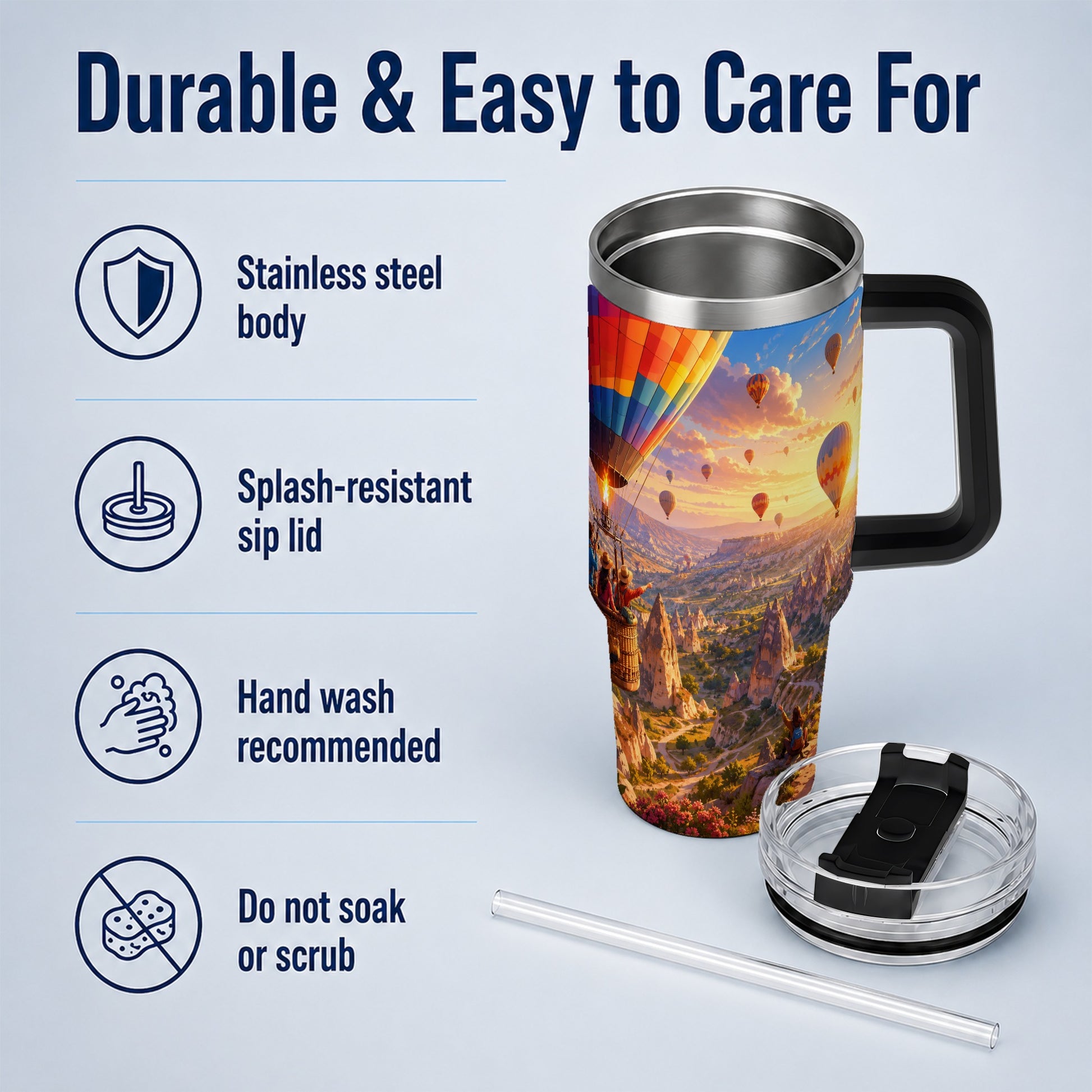 #pl[40oz|Black] Hot Air Balloon 40oz Tumbler with Handle, Canyon Sunrise Adventure