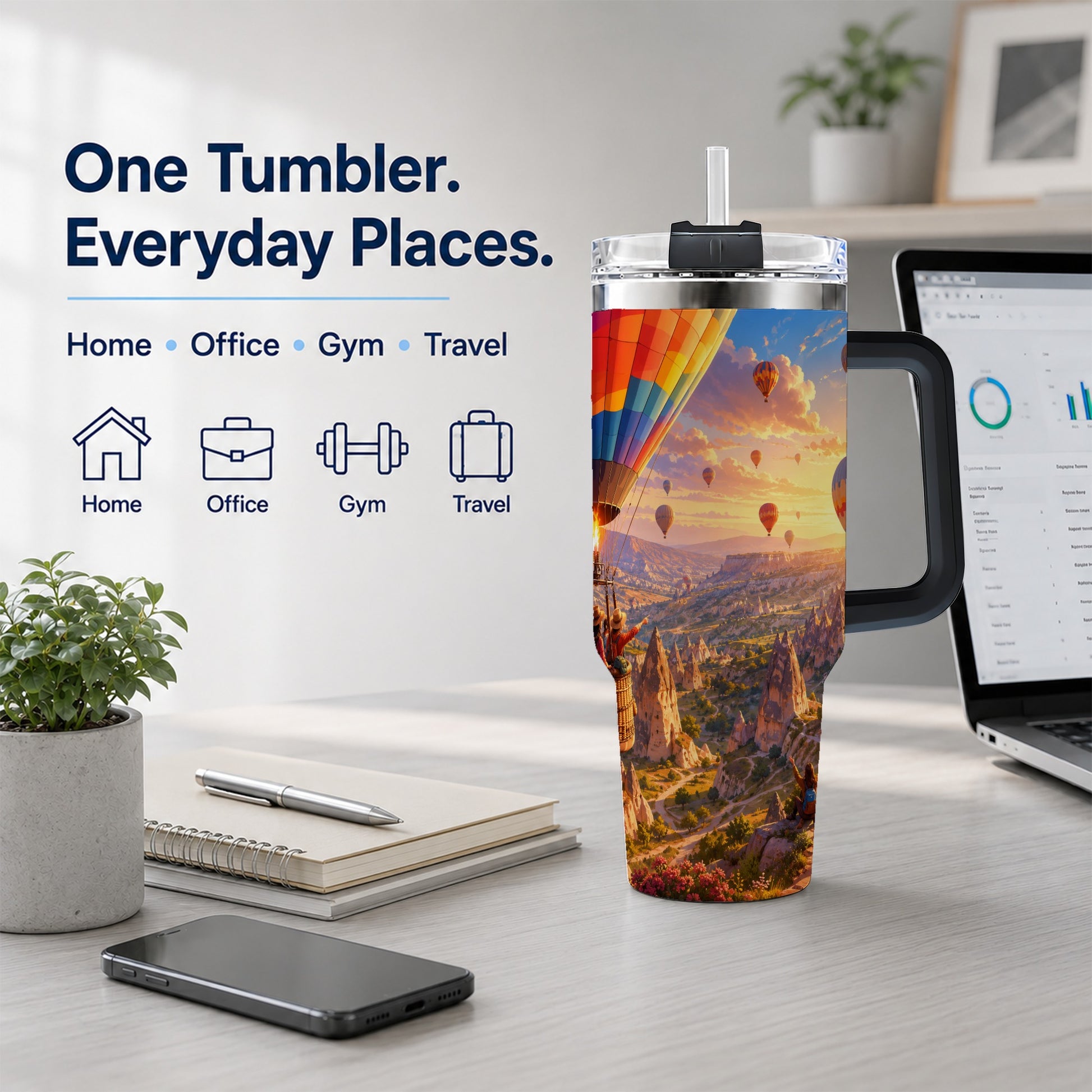 #pl[40oz|Black] Hot Air Balloon 40oz Tumbler with Handle, Canyon Sunrise Adventure