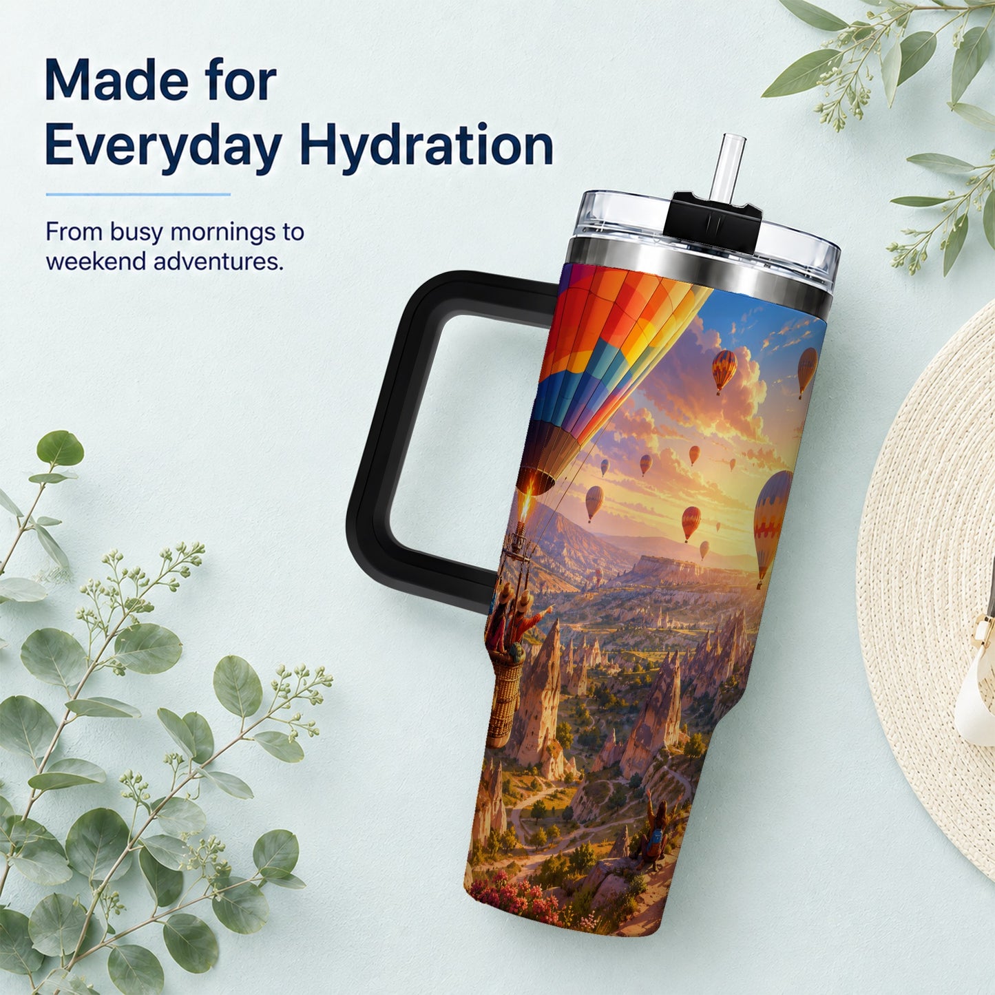 #pl[40oz|Black] Hot Air Balloon 40oz Tumbler with Handle, Canyon Sunrise Adventure