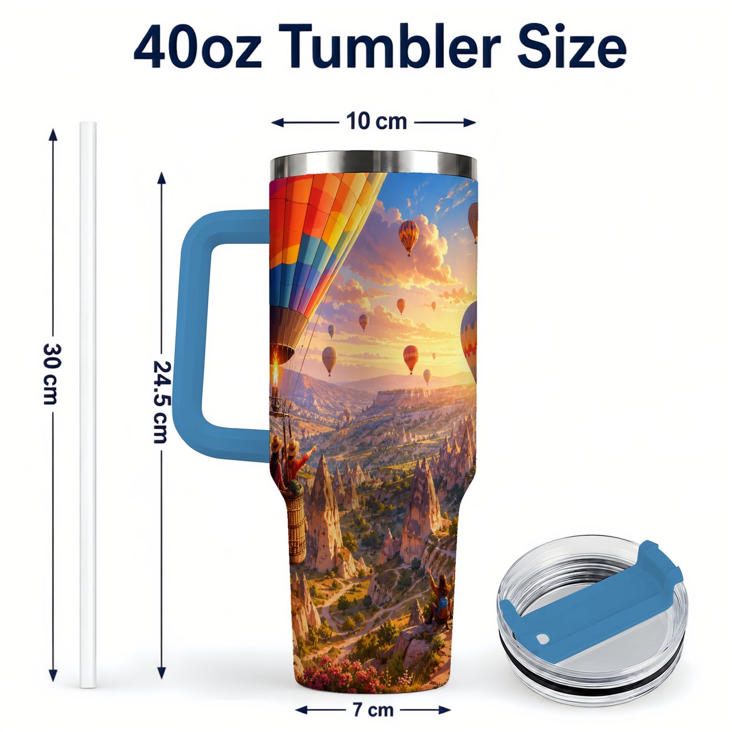 #pl[40oz|Blue] Hot Air Balloon 40oz Tumbler with Handle, Canyon Sunrise Adventure