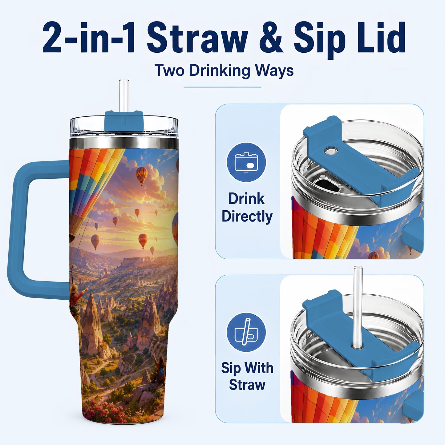 #pl[40oz|Blue] Hot Air Balloon 40oz Tumbler with Handle, Canyon Sunrise Adventure