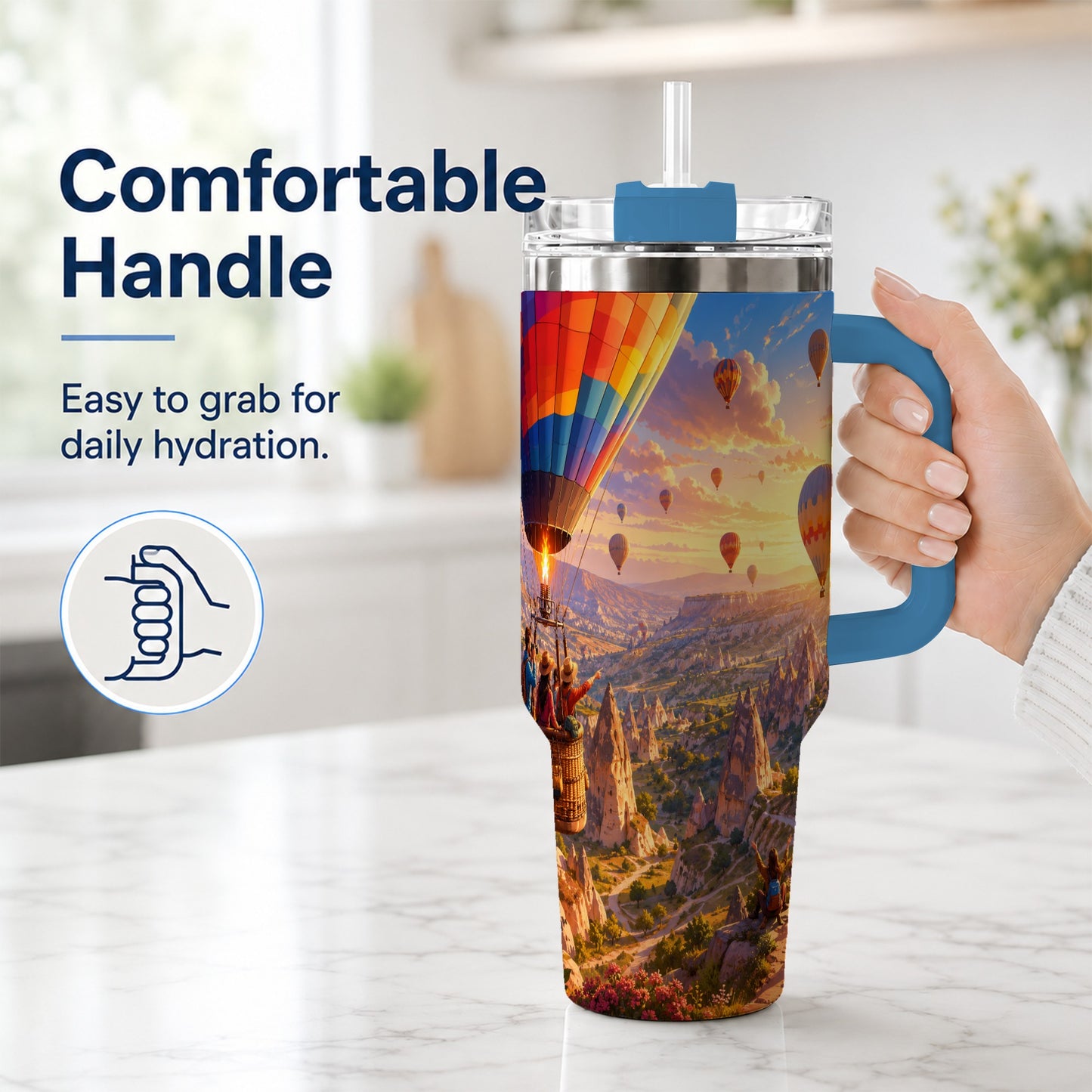 #pl[40oz|Blue] Hot Air Balloon 40oz Tumbler with Handle, Canyon Sunrise Adventure