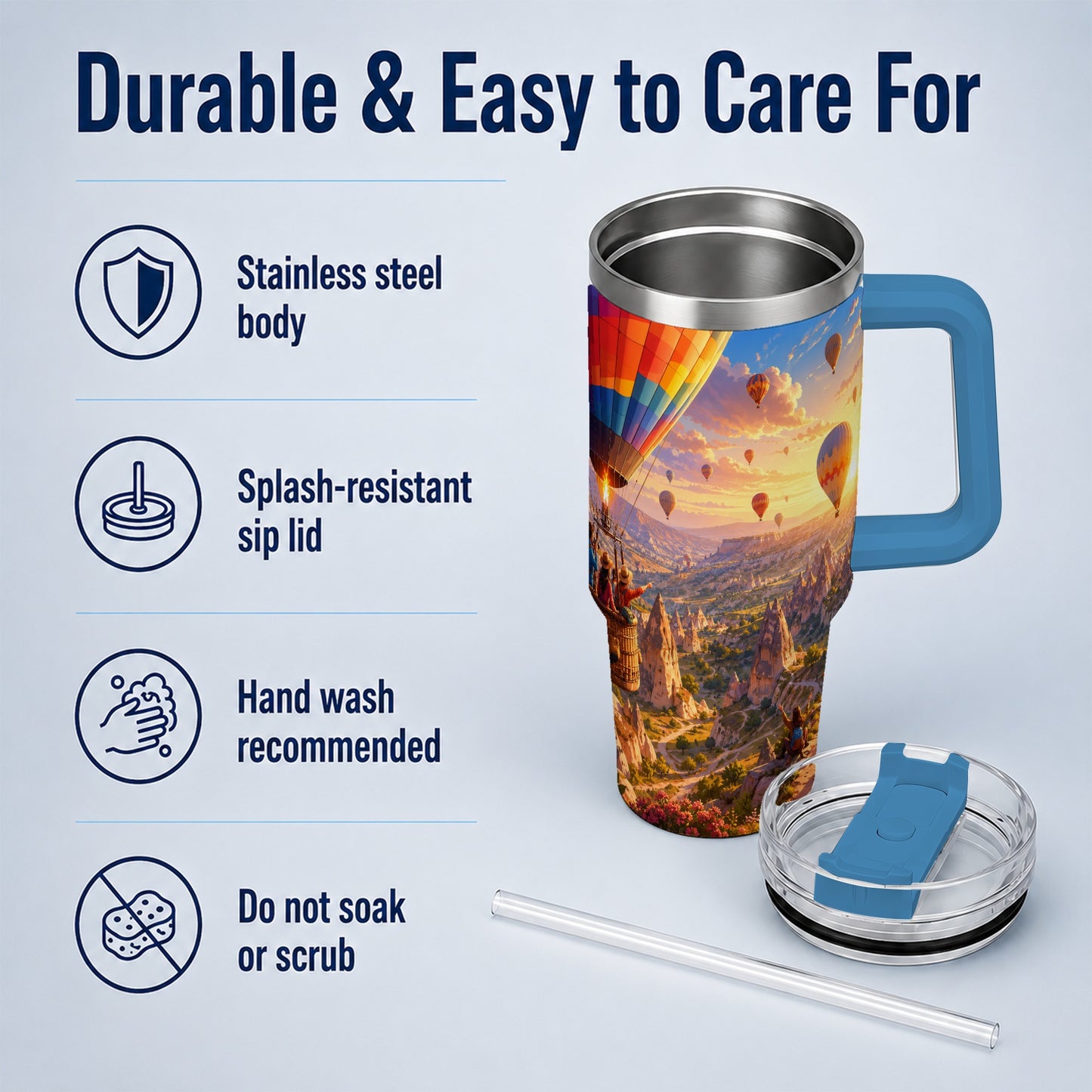 #pl[40oz|Blue] Hot Air Balloon 40oz Tumbler with Handle, Canyon Sunrise Adventure