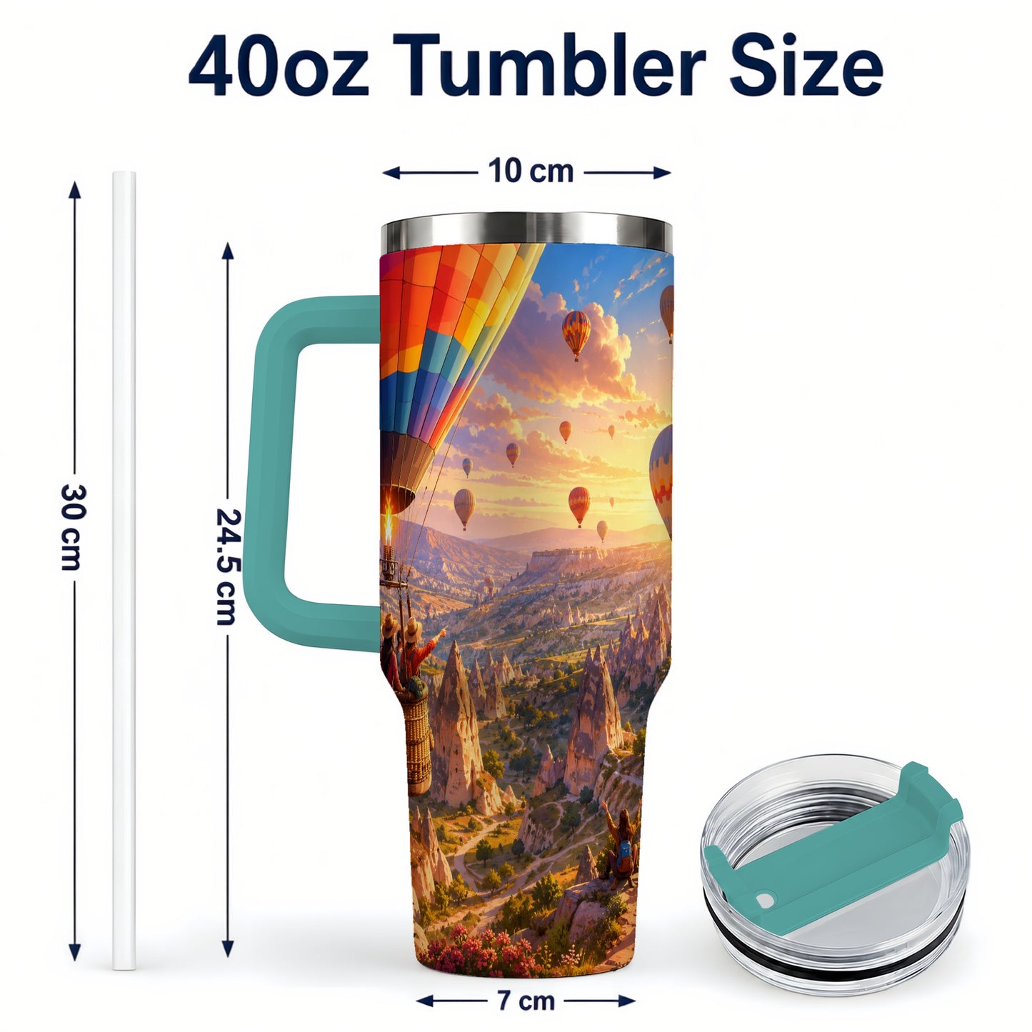 #pl[40oz|Green] Hot Air Balloon 40oz Tumbler with Handle, Canyon Sunrise Adventure