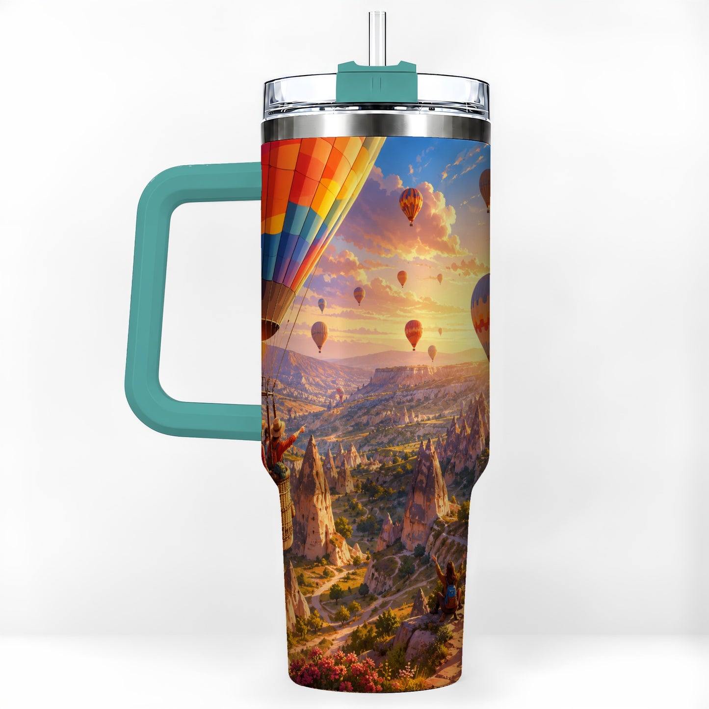 #pl[40oz|Green] Hot Air Balloon 40oz Tumbler with Handle, Canyon Sunrise Adventure
