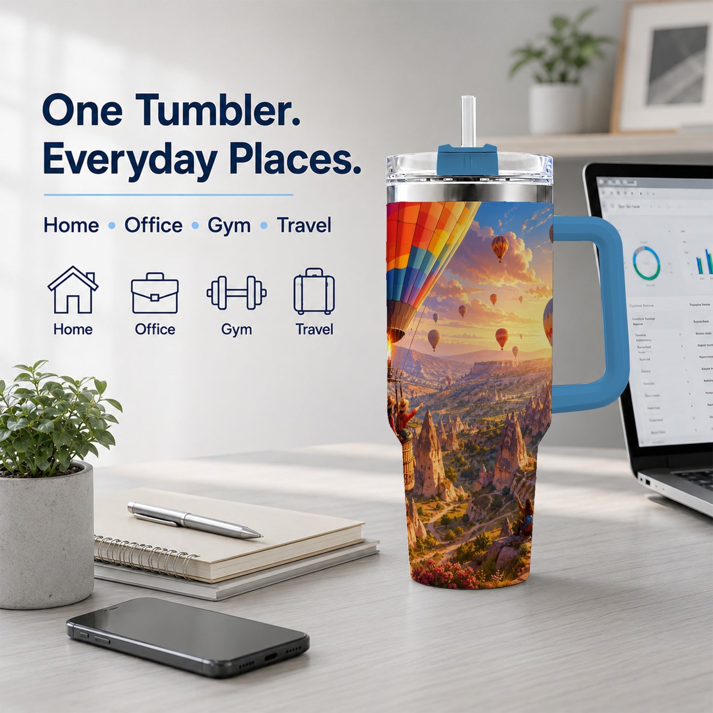 #pl[40oz|Blue] Hot Air Balloon 40oz Tumbler with Handle, Canyon Sunrise Adventure