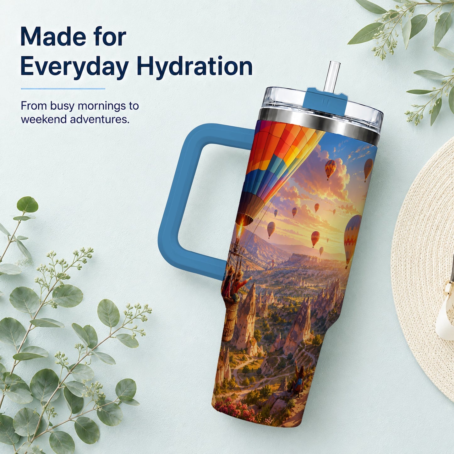 #pl[40oz|Blue] Hot Air Balloon 40oz Tumbler with Handle, Canyon Sunrise Adventure