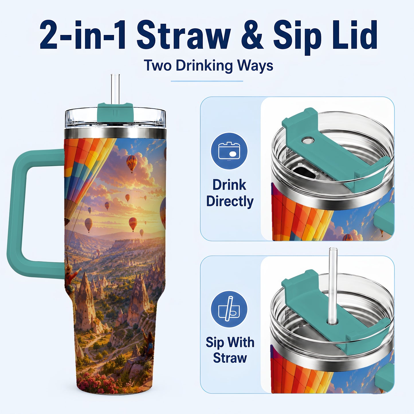 #pl[40oz|Green] Hot Air Balloon 40oz Tumbler with Handle, Canyon Sunrise Adventure