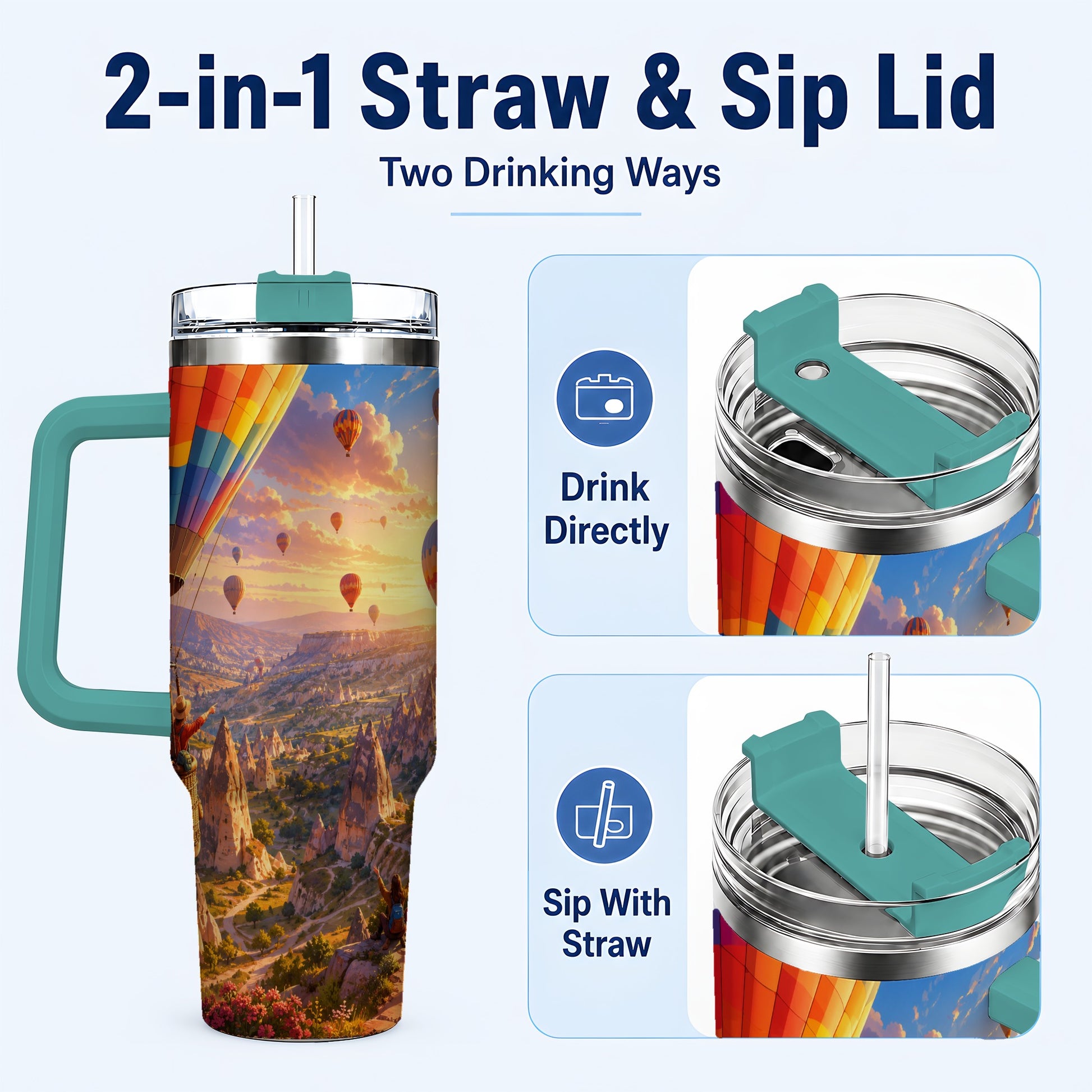 #pl[40oz|Green] Hot Air Balloon 40oz Tumbler with Handle, Canyon Sunrise Adventure