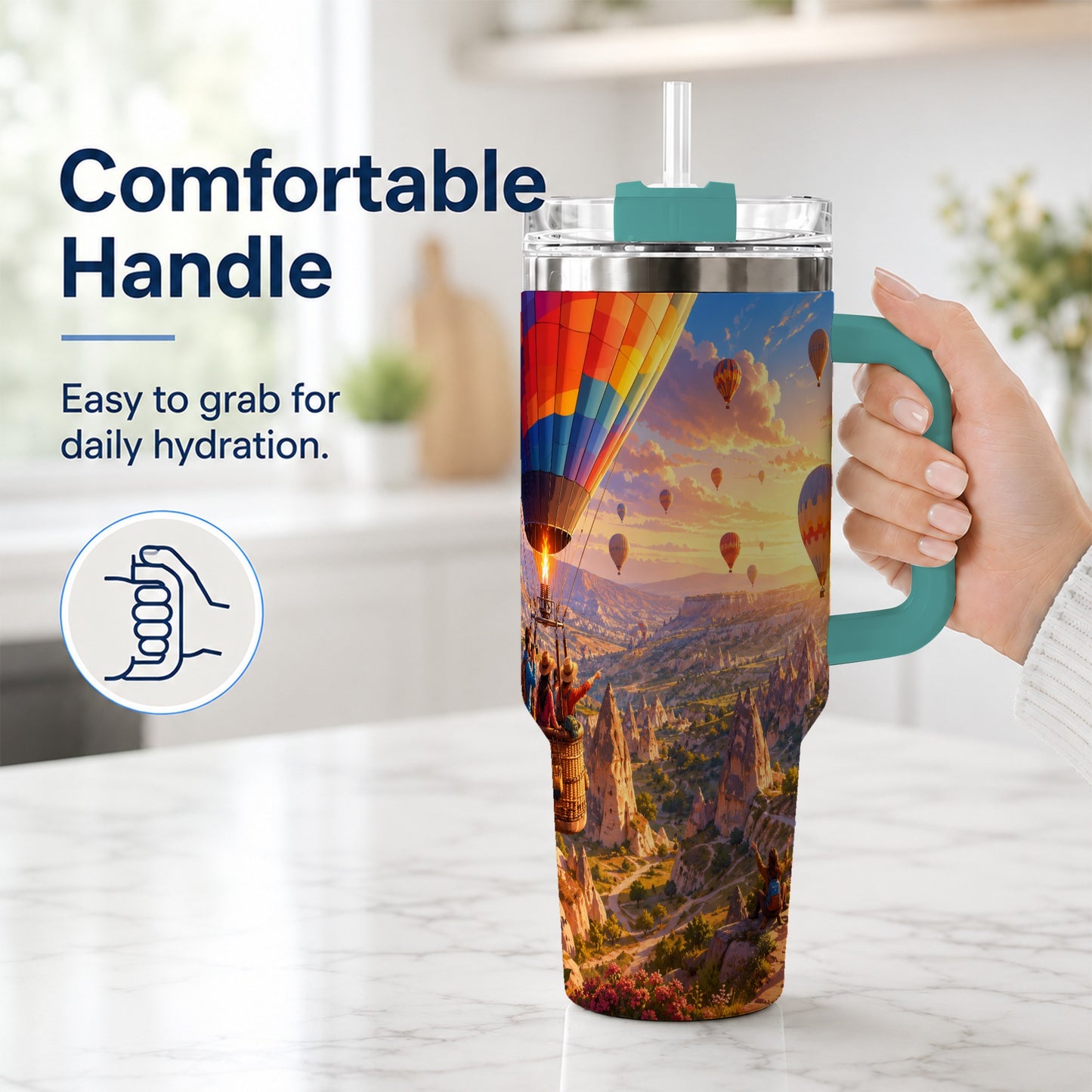 #pl[40oz|Green] Hot Air Balloon 40oz Tumbler with Handle, Canyon Sunrise Adventure