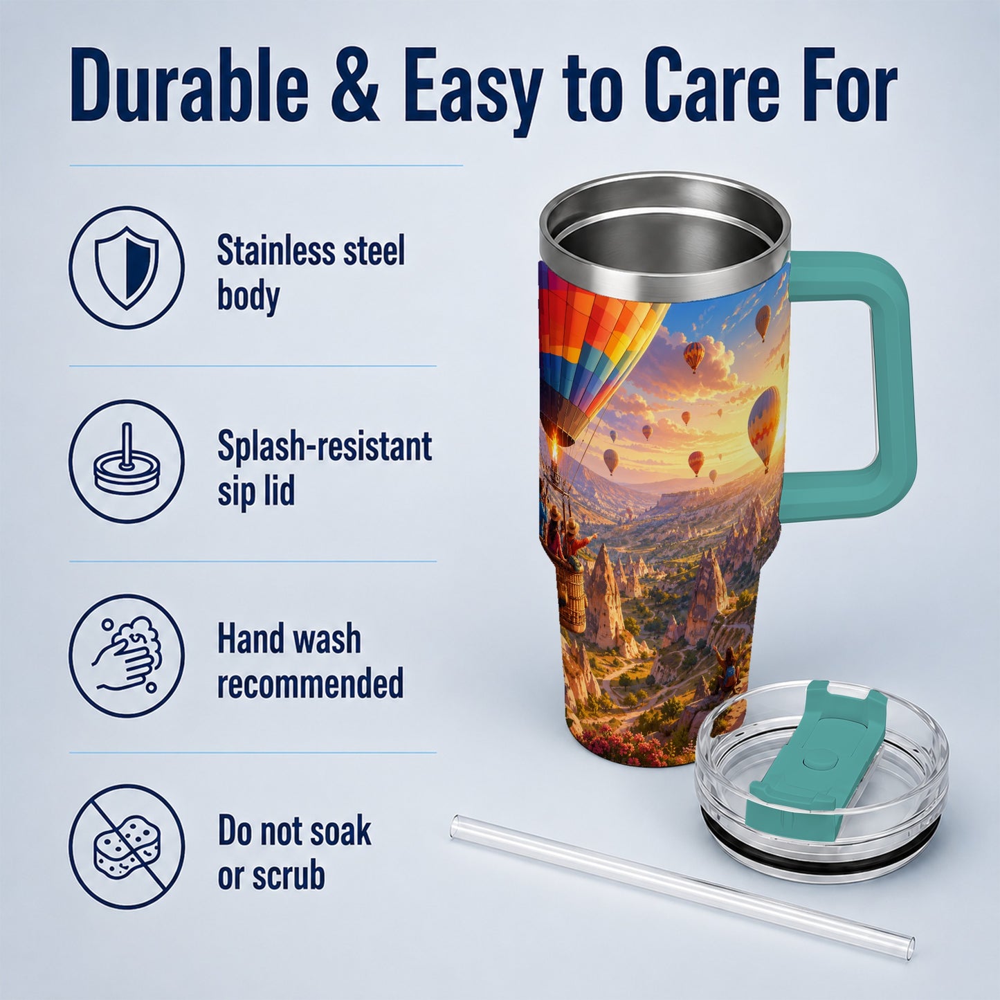 #pl[40oz|Green] Hot Air Balloon 40oz Tumbler with Handle, Canyon Sunrise Adventure