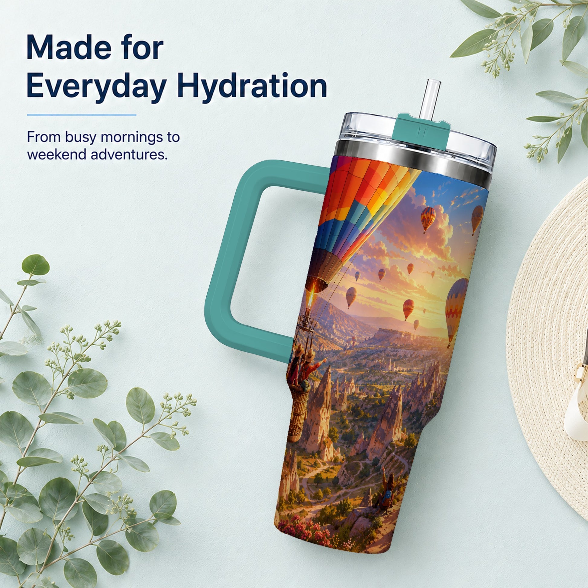 #pl[40oz|Green] Hot Air Balloon 40oz Tumbler with Handle, Canyon Sunrise Adventure