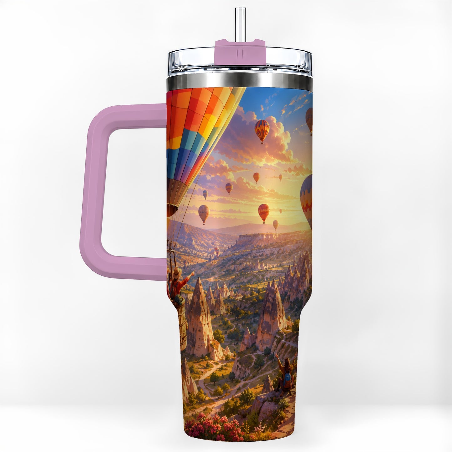 #pl[40oz|Pink] Hot Air Balloon 40oz Tumbler with Handle, Canyon Sunrise Adventure