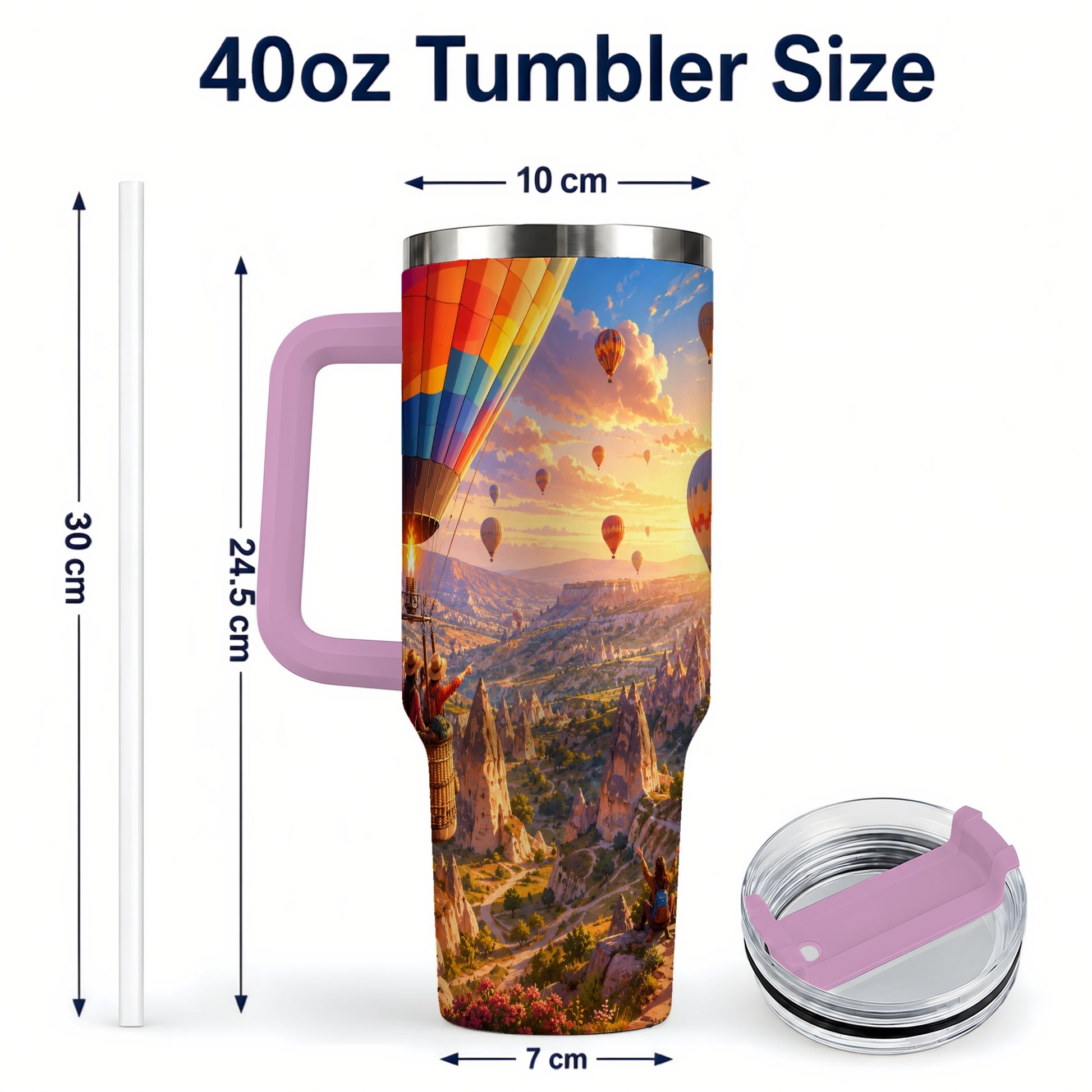 #pl[40oz|Pink] Hot Air Balloon 40oz Tumbler with Handle, Canyon Sunrise Adventure