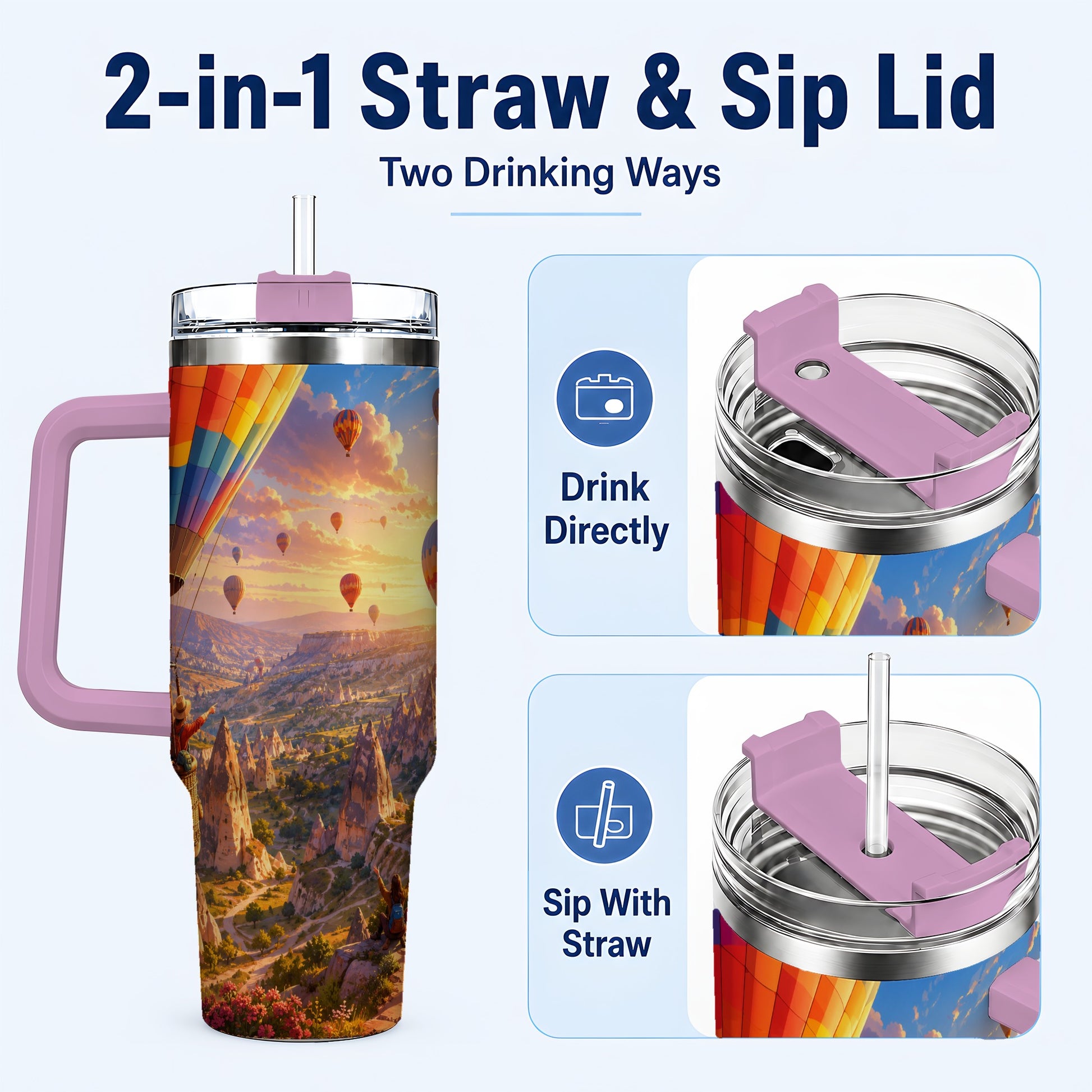 #pl[40oz|Pink] Hot Air Balloon 40oz Tumbler with Handle, Canyon Sunrise Adventure