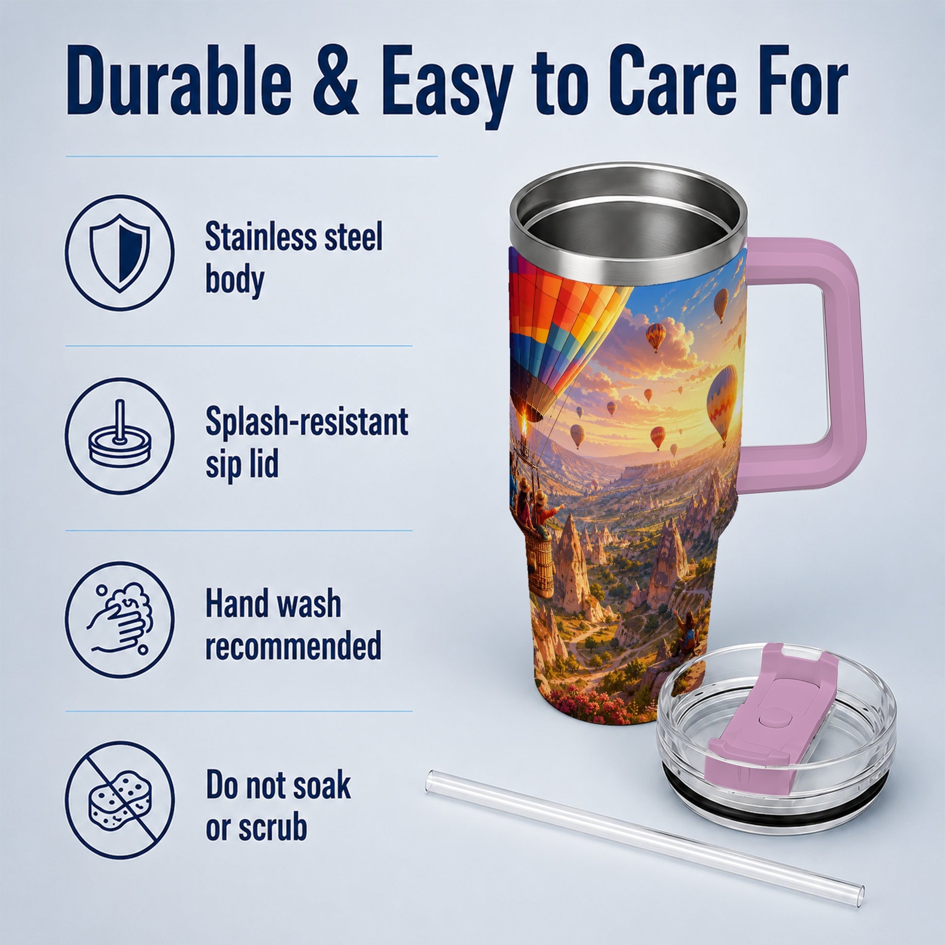 #pl[40oz|Pink] Hot Air Balloon 40oz Tumbler with Handle, Canyon Sunrise Adventure