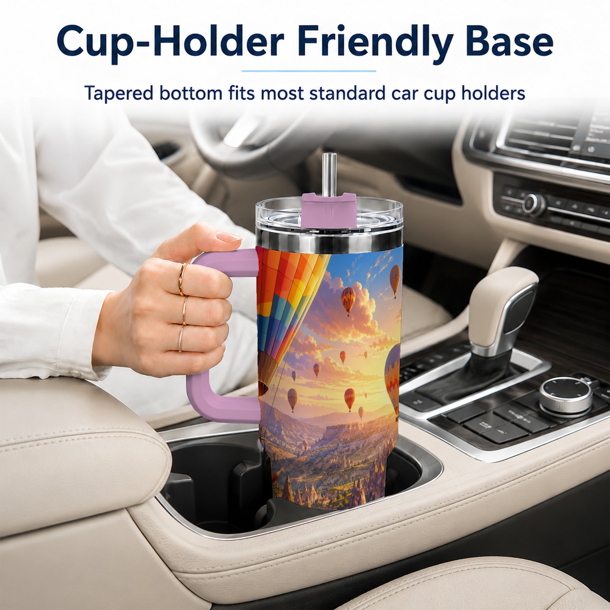 #pl[40oz|Pink] Hot Air Balloon 40oz Tumbler with Handle, Canyon Sunrise Adventure