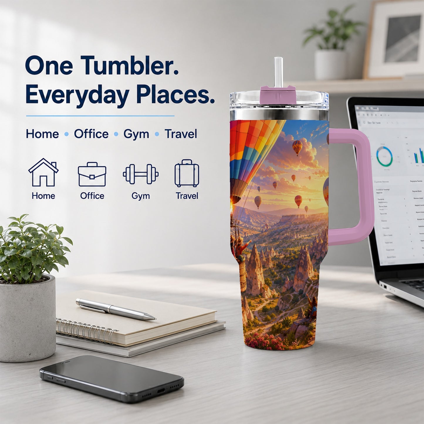 #pl[40oz|Pink] Hot Air Balloon 40oz Tumbler with Handle, Canyon Sunrise Adventure