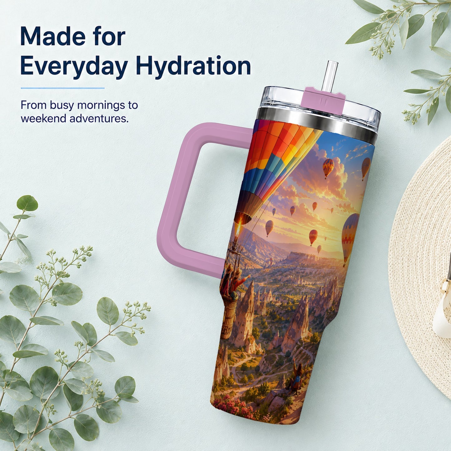 #pl[40oz|Pink] Hot Air Balloon 40oz Tumbler with Handle, Canyon Sunrise Adventure