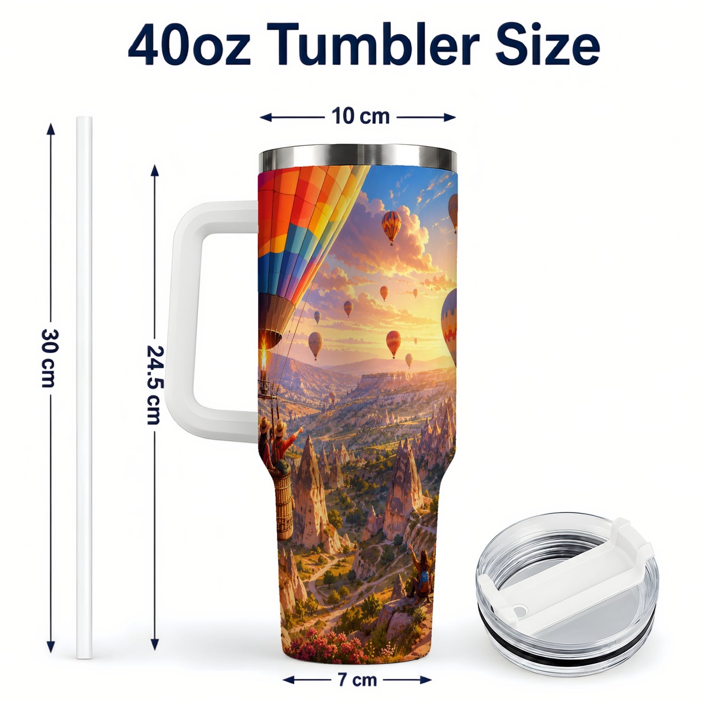 #pl[40oz|White] Hot Air Balloon 40oz Tumbler with Handle, Canyon Sunrise Adventure