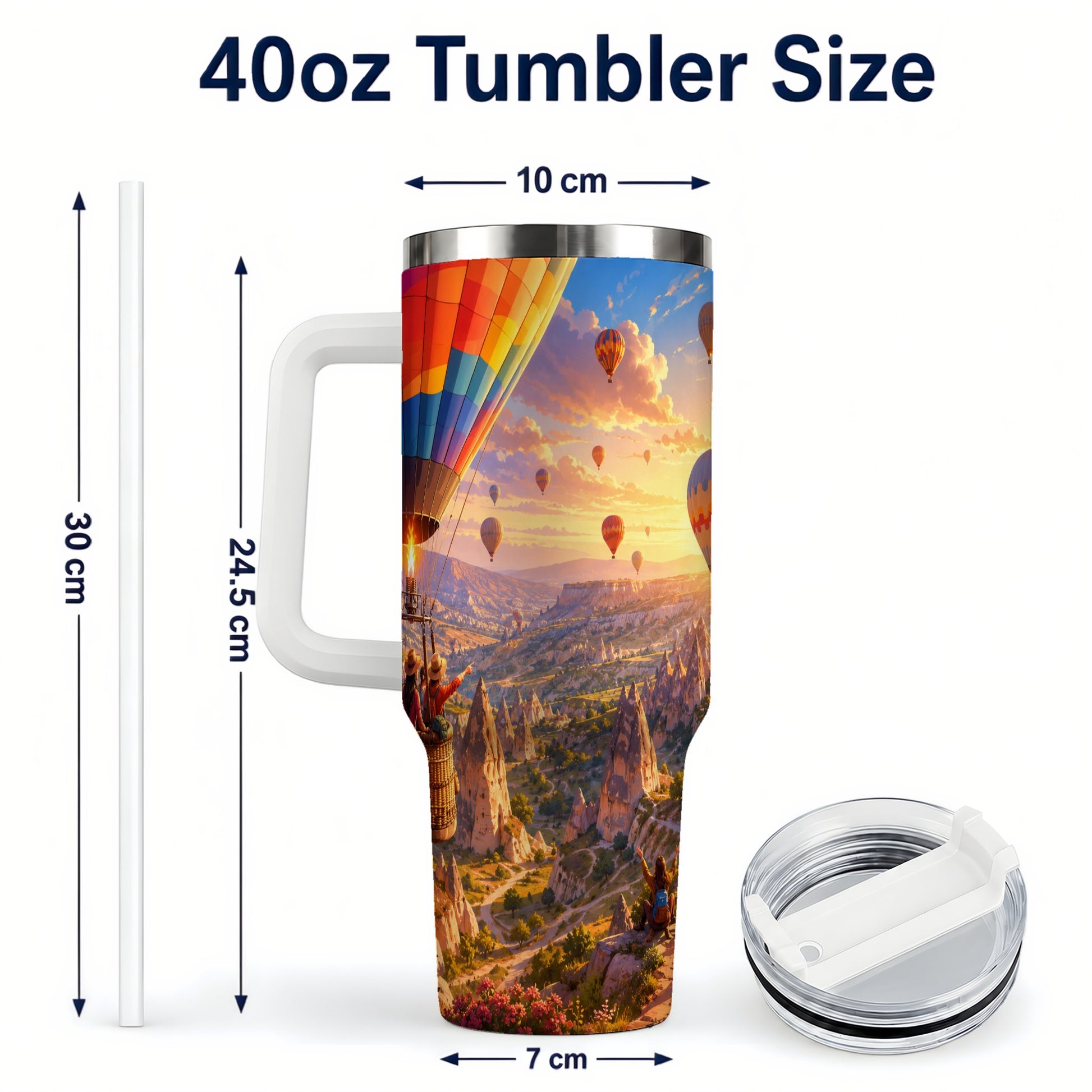 #pl[40oz|White] Hot Air Balloon 40oz Tumbler with Handle, Canyon Sunrise Adventure