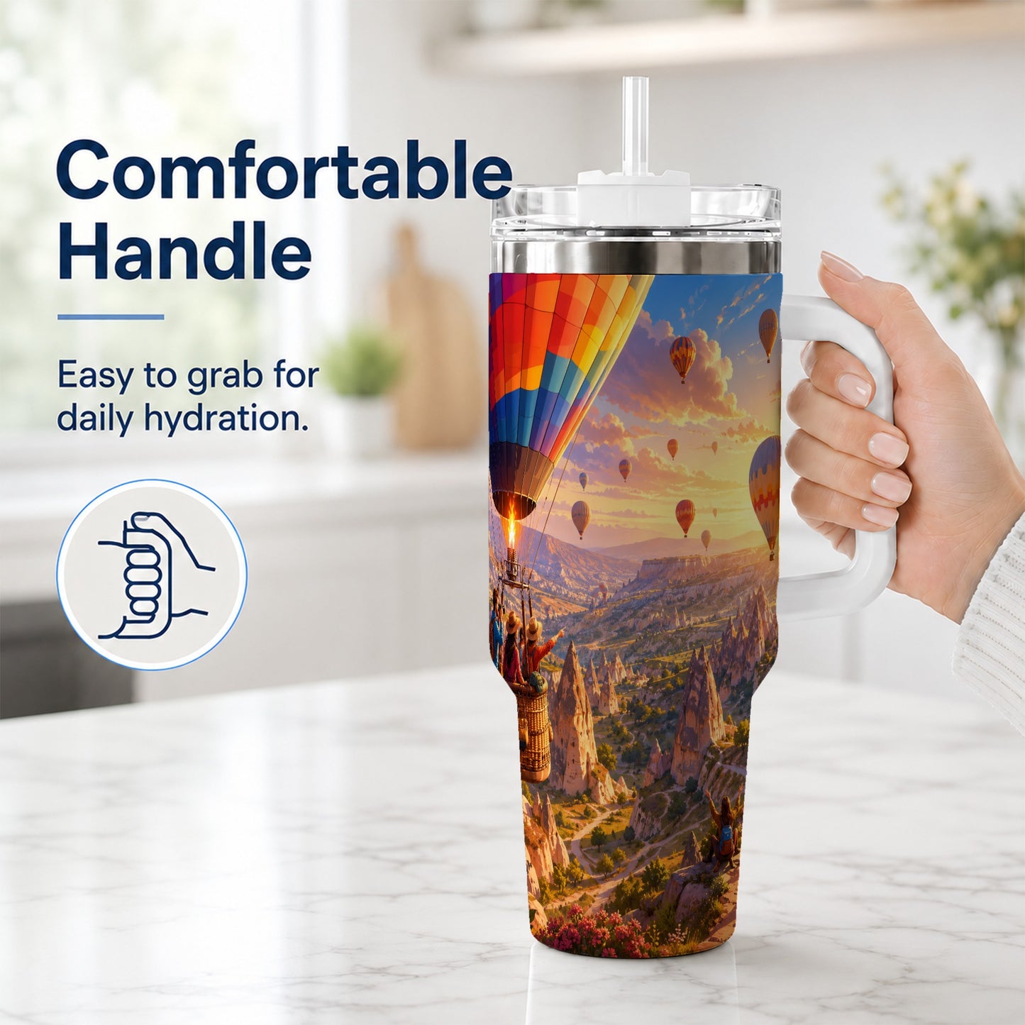 #pl[40oz|White] Hot Air Balloon 40oz Tumbler with Handle, Canyon Sunrise Adventure