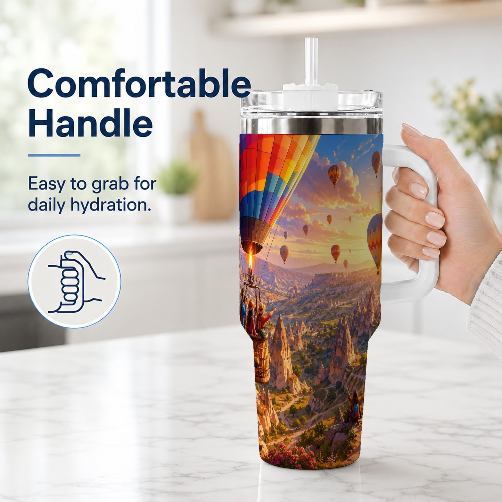 #pl[40oz|White] Hot Air Balloon 40oz Tumbler with Handle, Canyon Sunrise Adventure