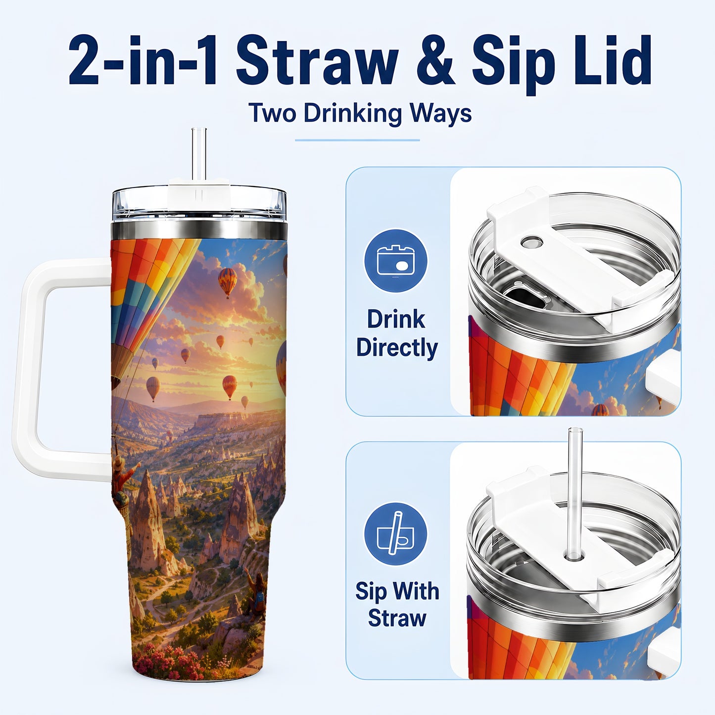 #pl[40oz|White] Hot Air Balloon 40oz Tumbler with Handle, Canyon Sunrise Adventure