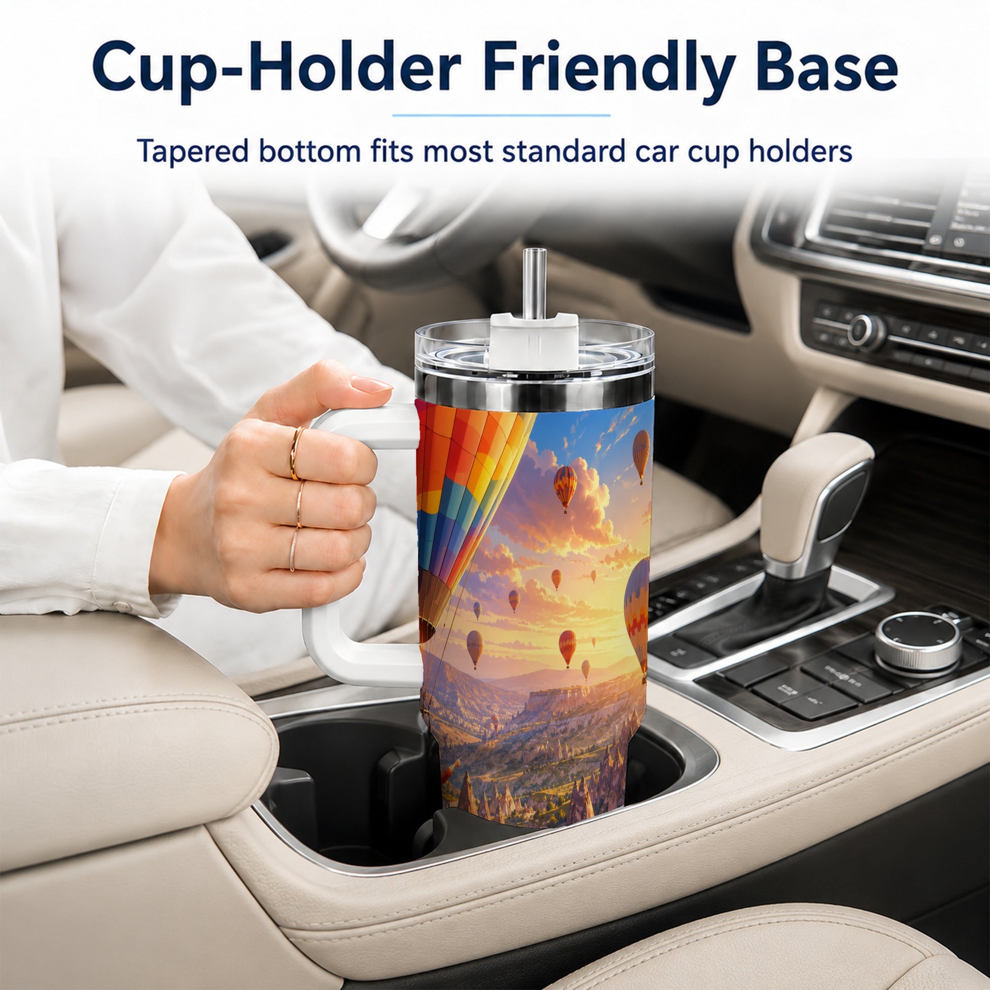 #pl[40oz|White] Hot Air Balloon 40oz Tumbler with Handle, Canyon Sunrise Adventure