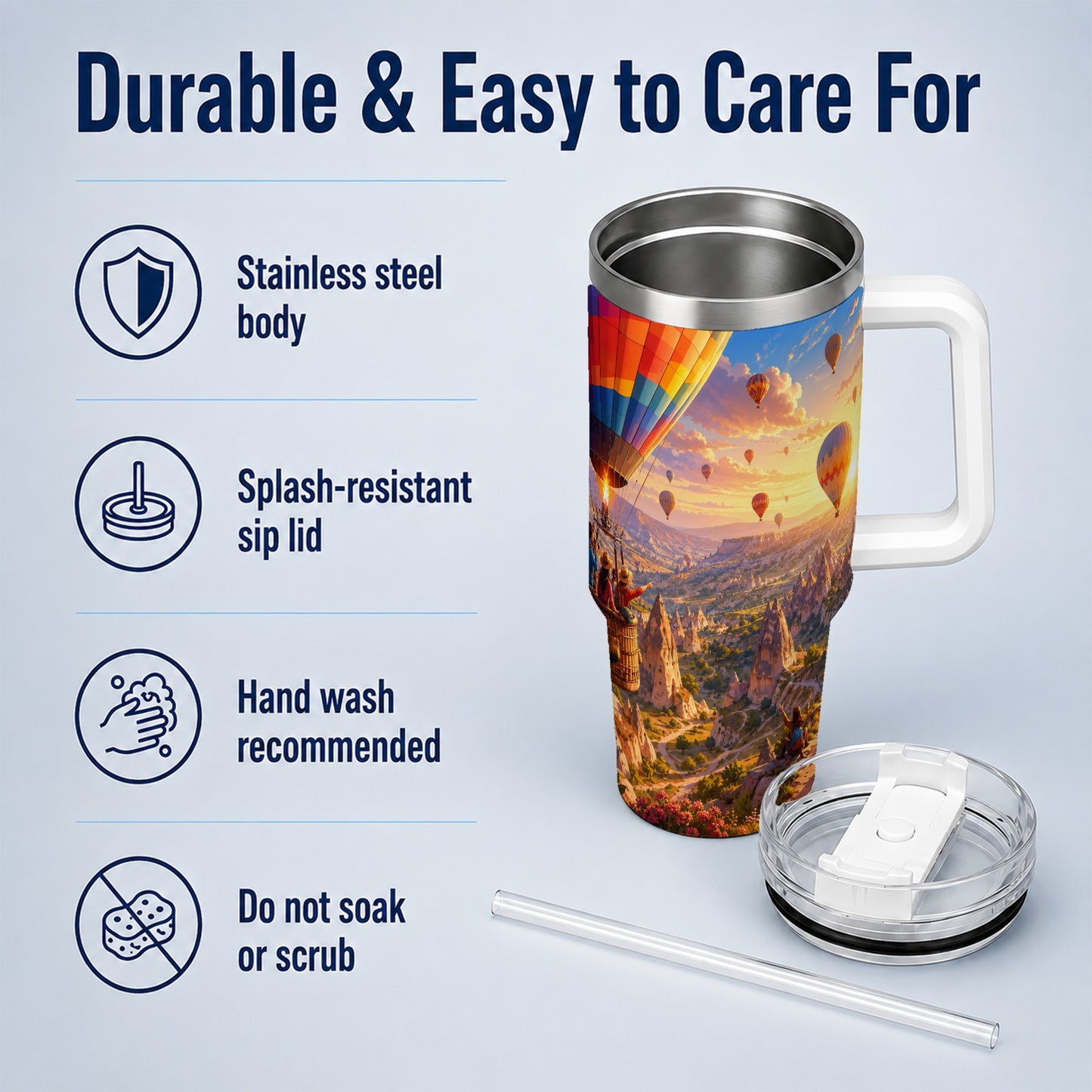 #pl[40oz|White] Hot Air Balloon 40oz Tumbler with Handle, Canyon Sunrise Adventure