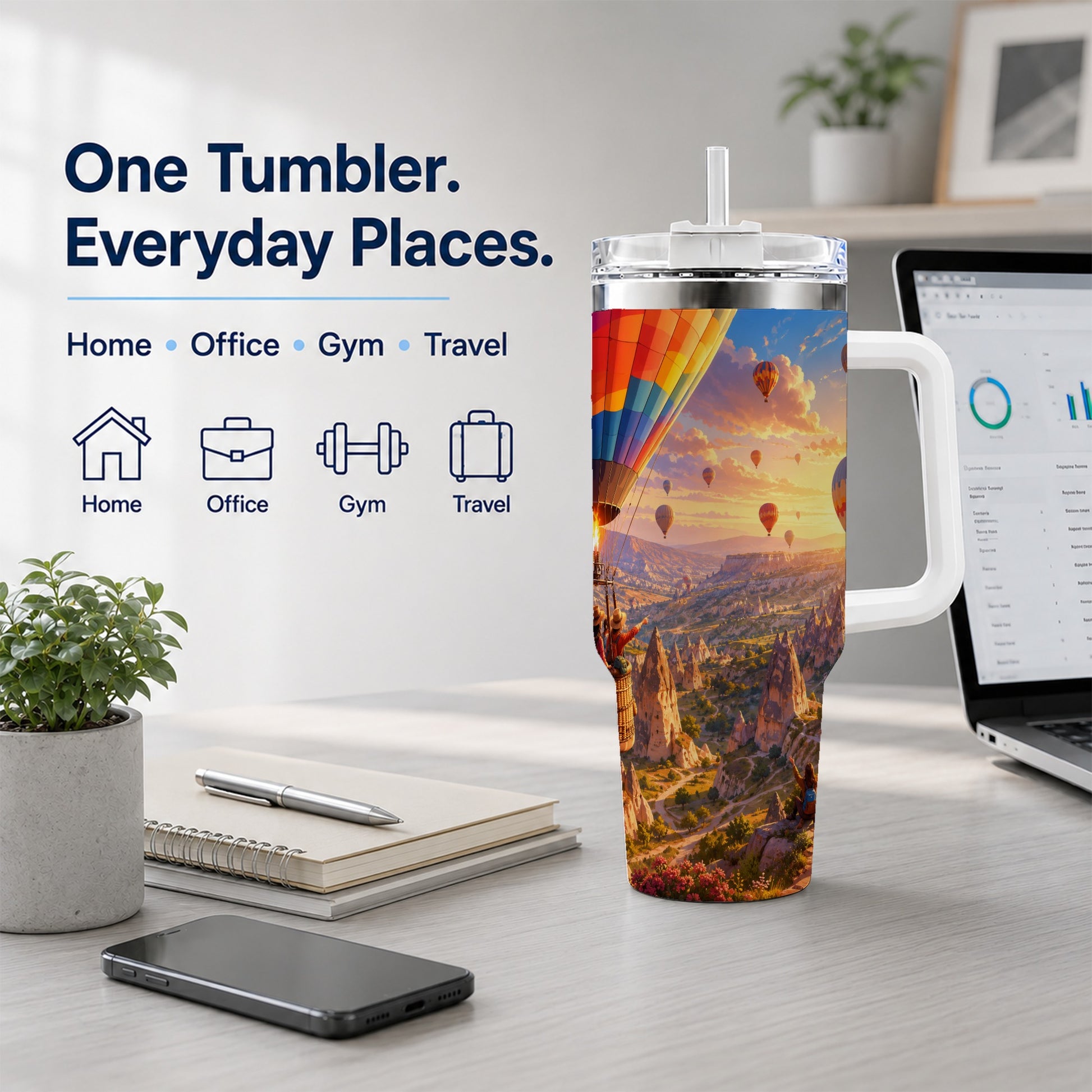 #pl[40oz|White] Hot Air Balloon 40oz Tumbler with Handle, Canyon Sunrise Adventure