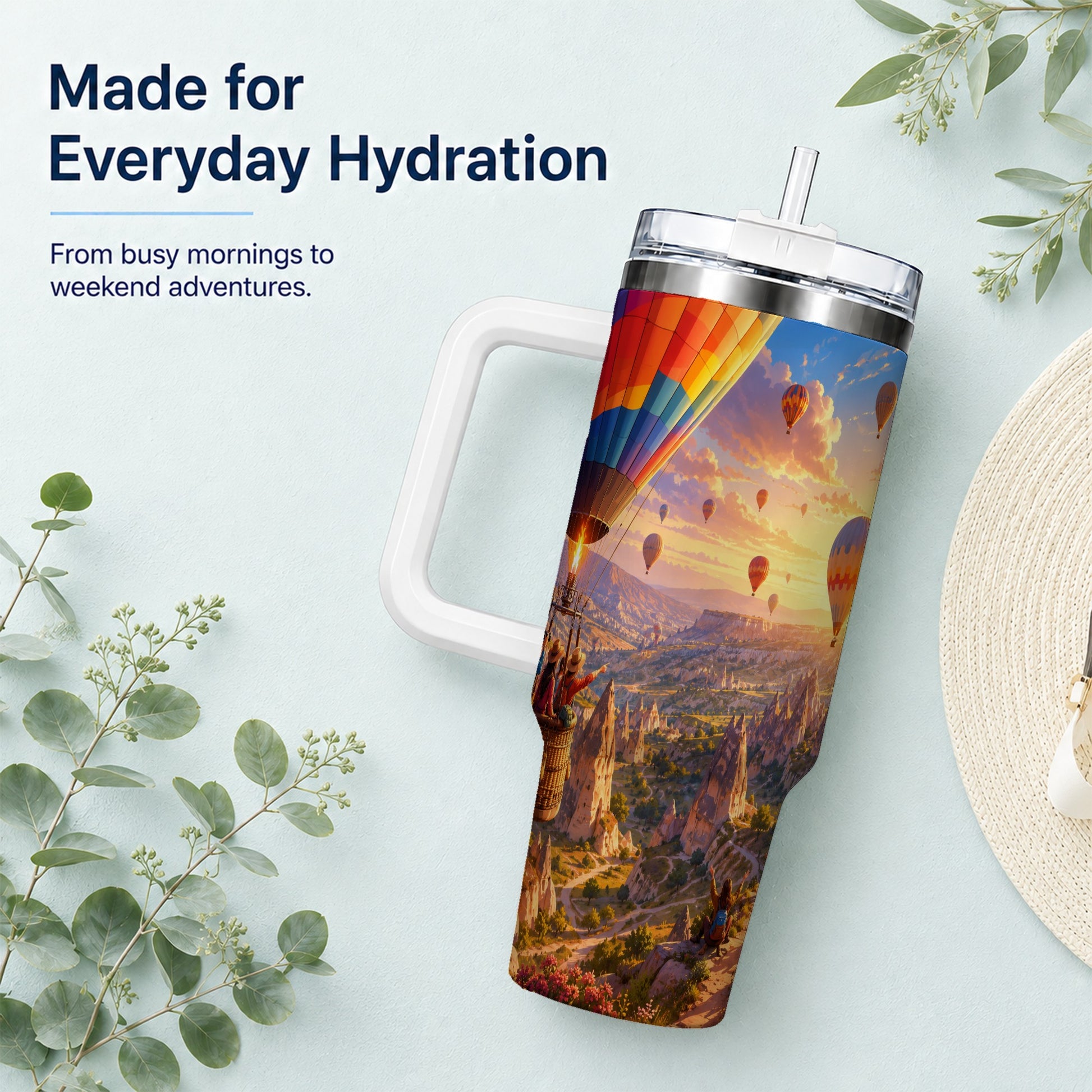 #pl[40oz|White] Hot Air Balloon 40oz Tumbler with Handle, Canyon Sunrise Adventure