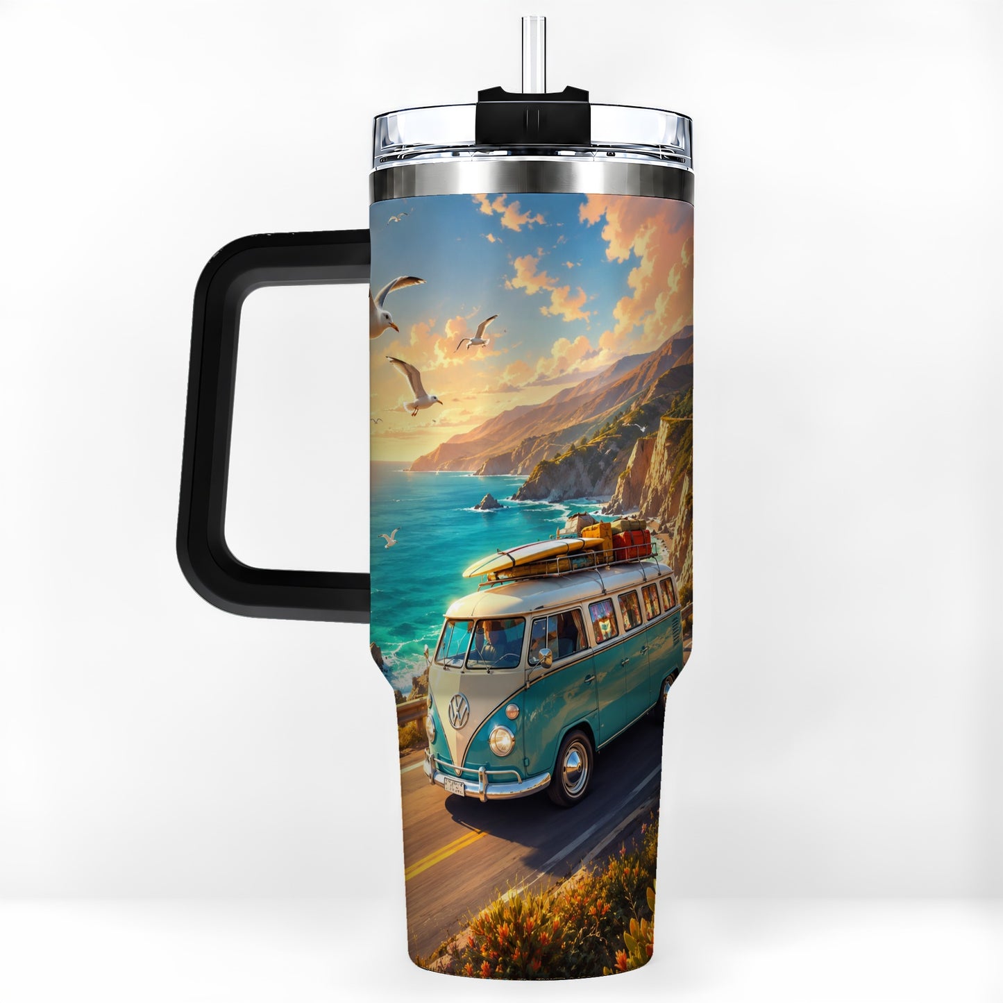 #pl[40oz|Black] Retro Camper Van 40oz Tumbler with Handle, Coastal Road Adventure
