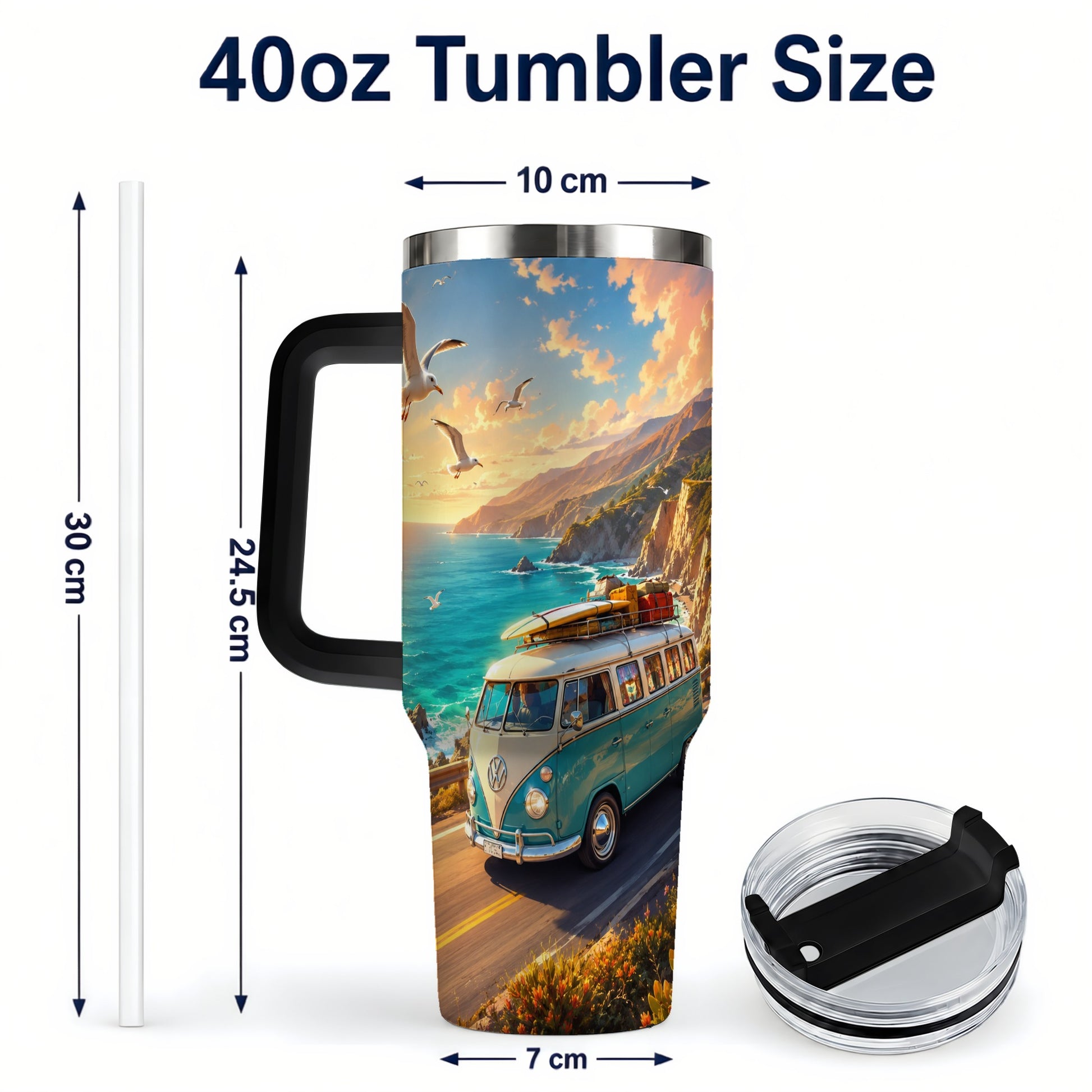 #pl[40oz|Black] Retro Camper Van 40oz Tumbler with Handle, Coastal Road Adventure