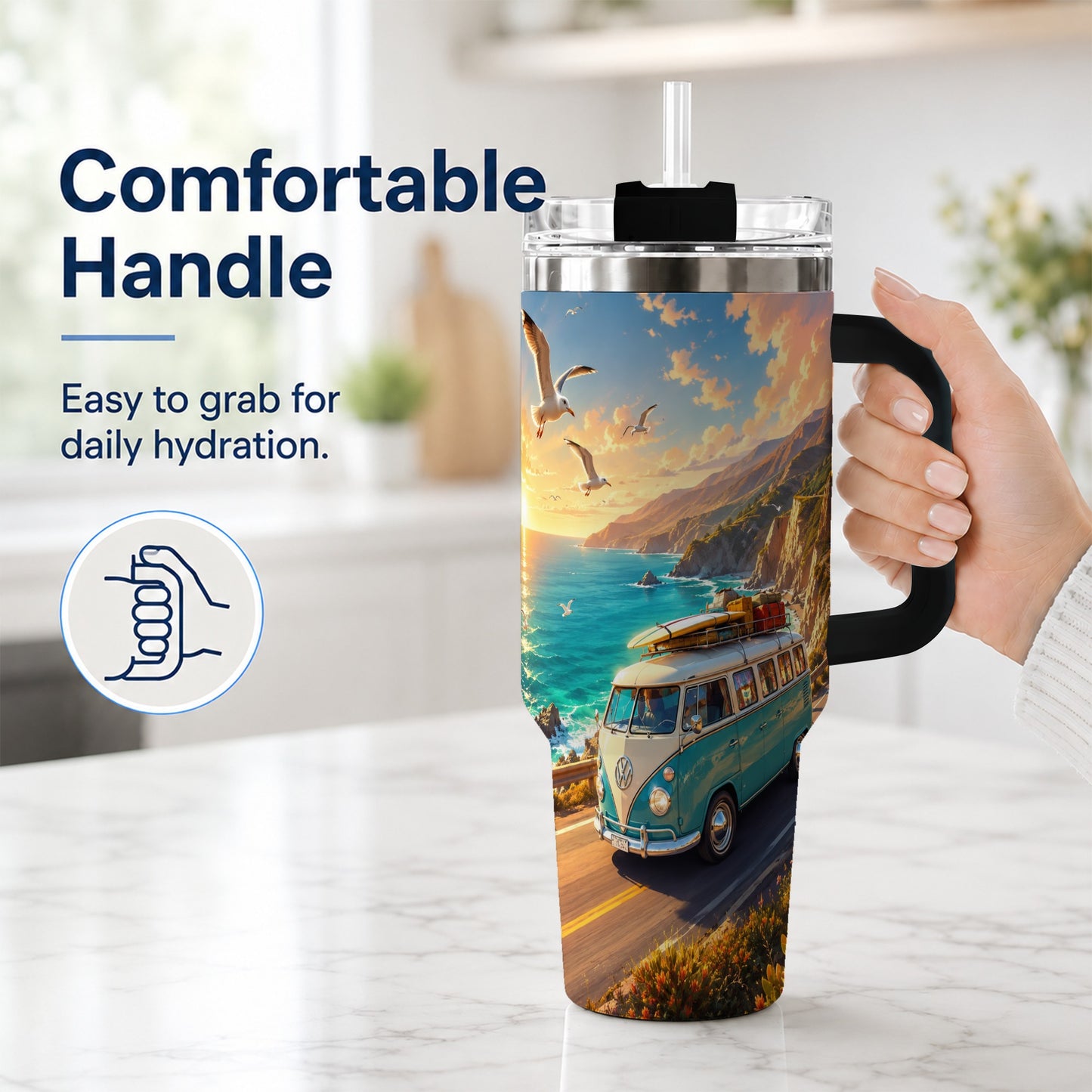 #pl[40oz|Black] Retro Camper Van 40oz Tumbler with Handle, Coastal Road Adventure