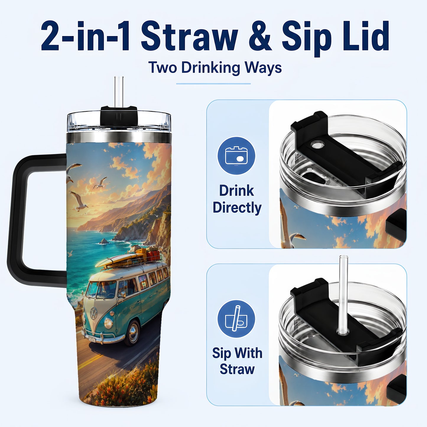 #pl[40oz|Black] Retro Camper Van 40oz Tumbler with Handle, Coastal Road Adventure