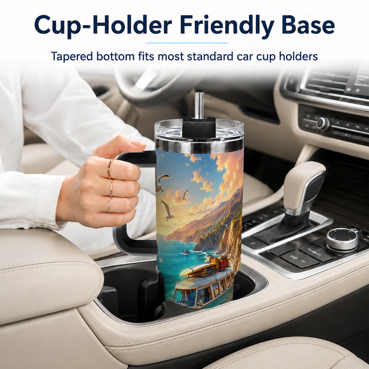 #pl[40oz|Black] Retro Camper Van 40oz Tumbler with Handle, Coastal Road Adventure