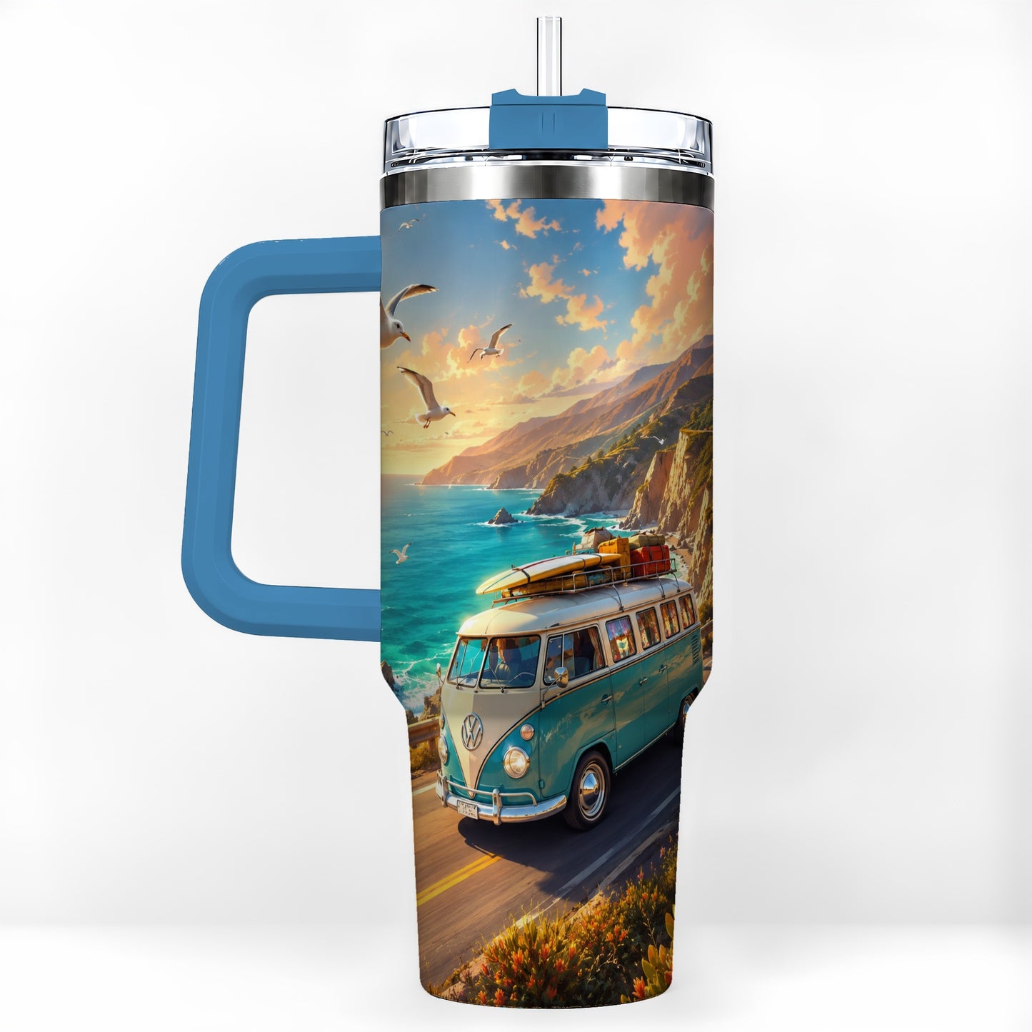 #pl[40oz|Blue] Retro Camper Van 40oz Tumbler with Handle, Coastal Road Adventure