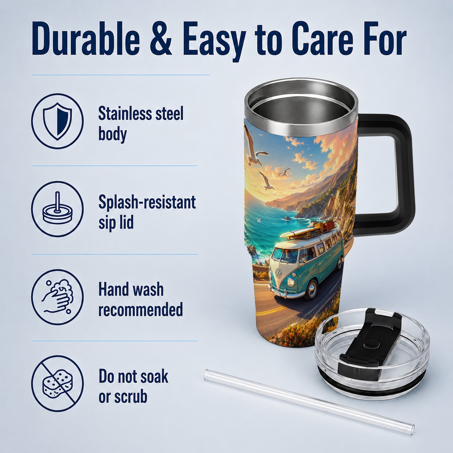 #pl[40oz|Black] Retro Camper Van 40oz Tumbler with Handle, Coastal Road Adventure