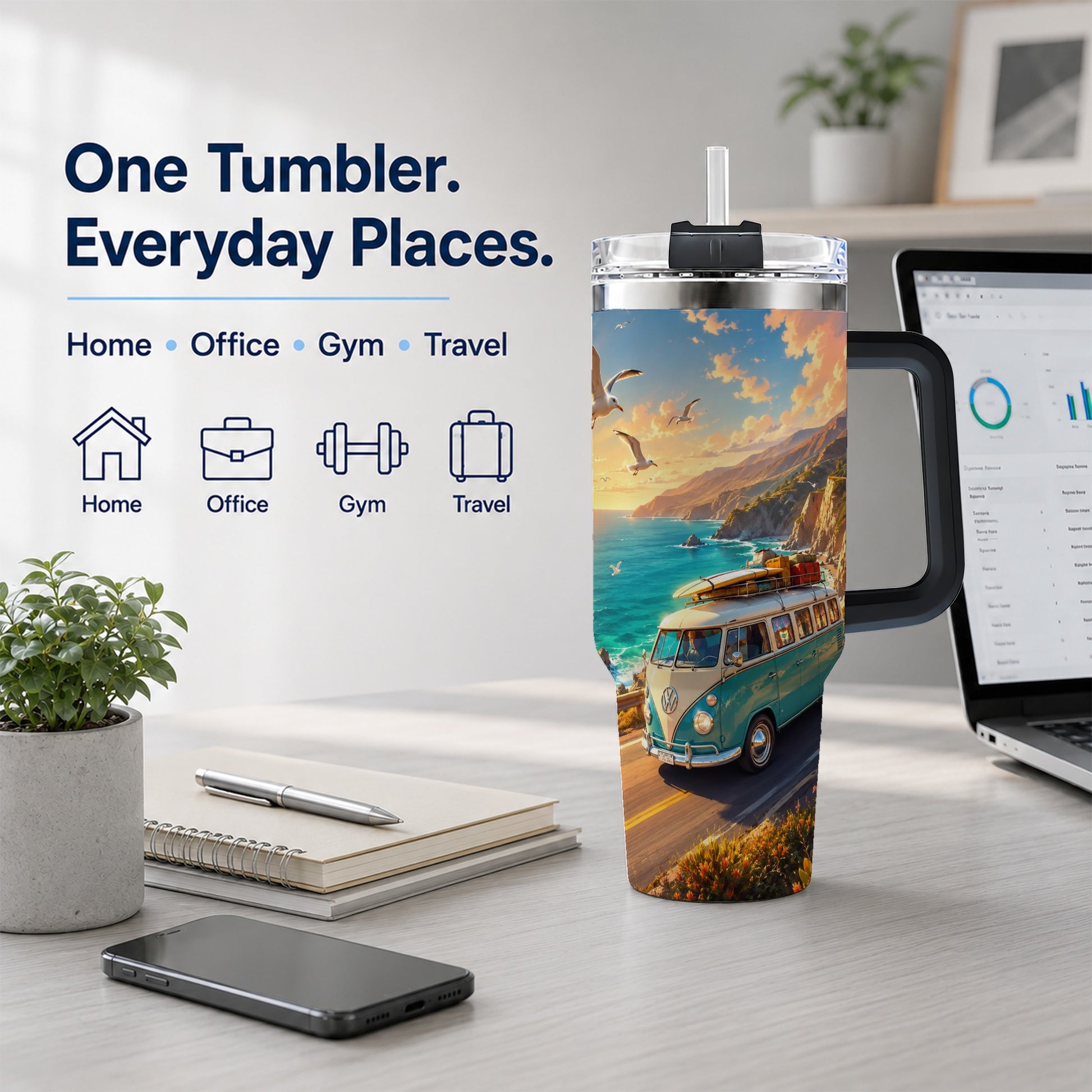 #pl[40oz|Black] Retro Camper Van 40oz Tumbler with Handle, Coastal Road Adventure