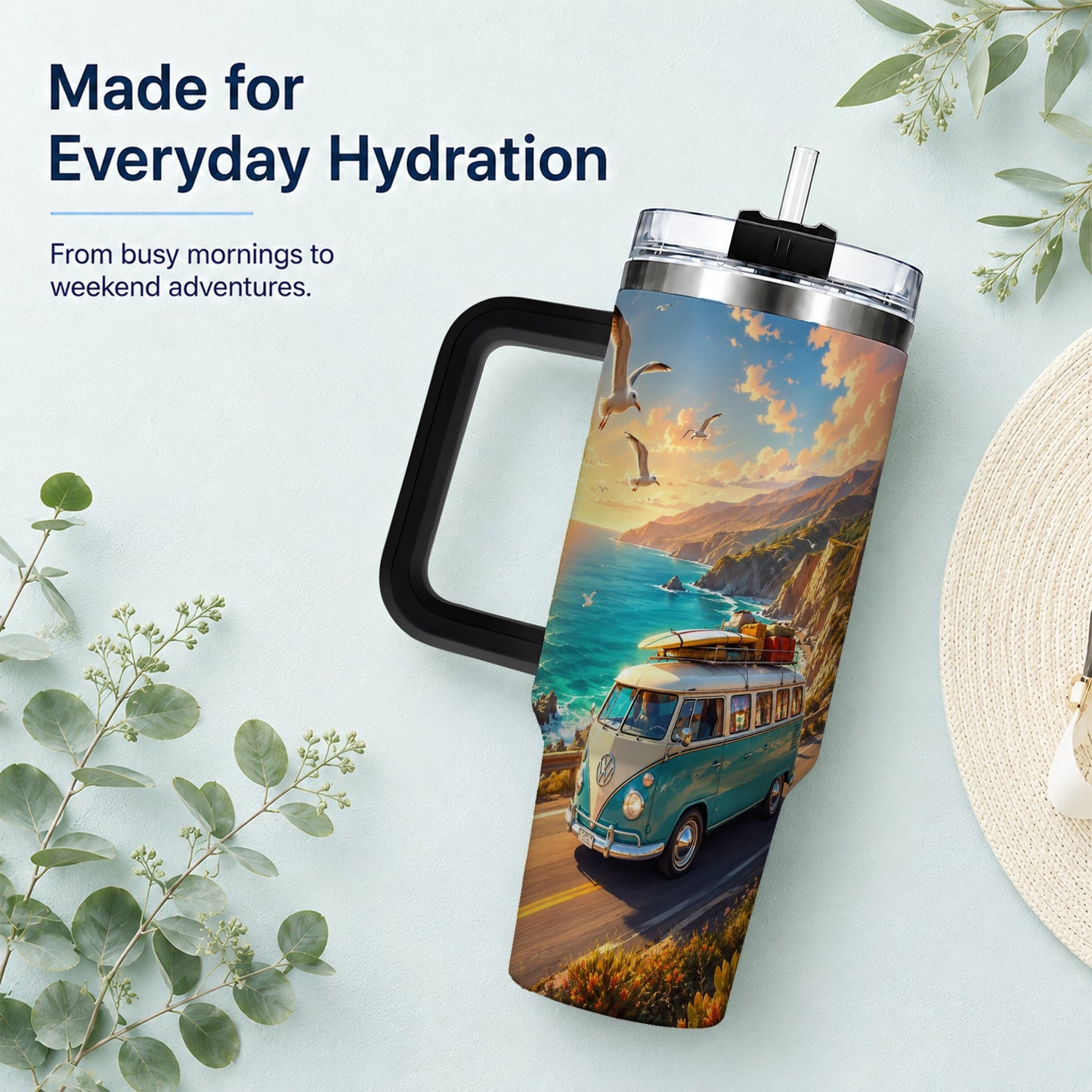 #pl[40oz|Black] Retro Camper Van 40oz Tumbler with Handle, Coastal Road Adventure