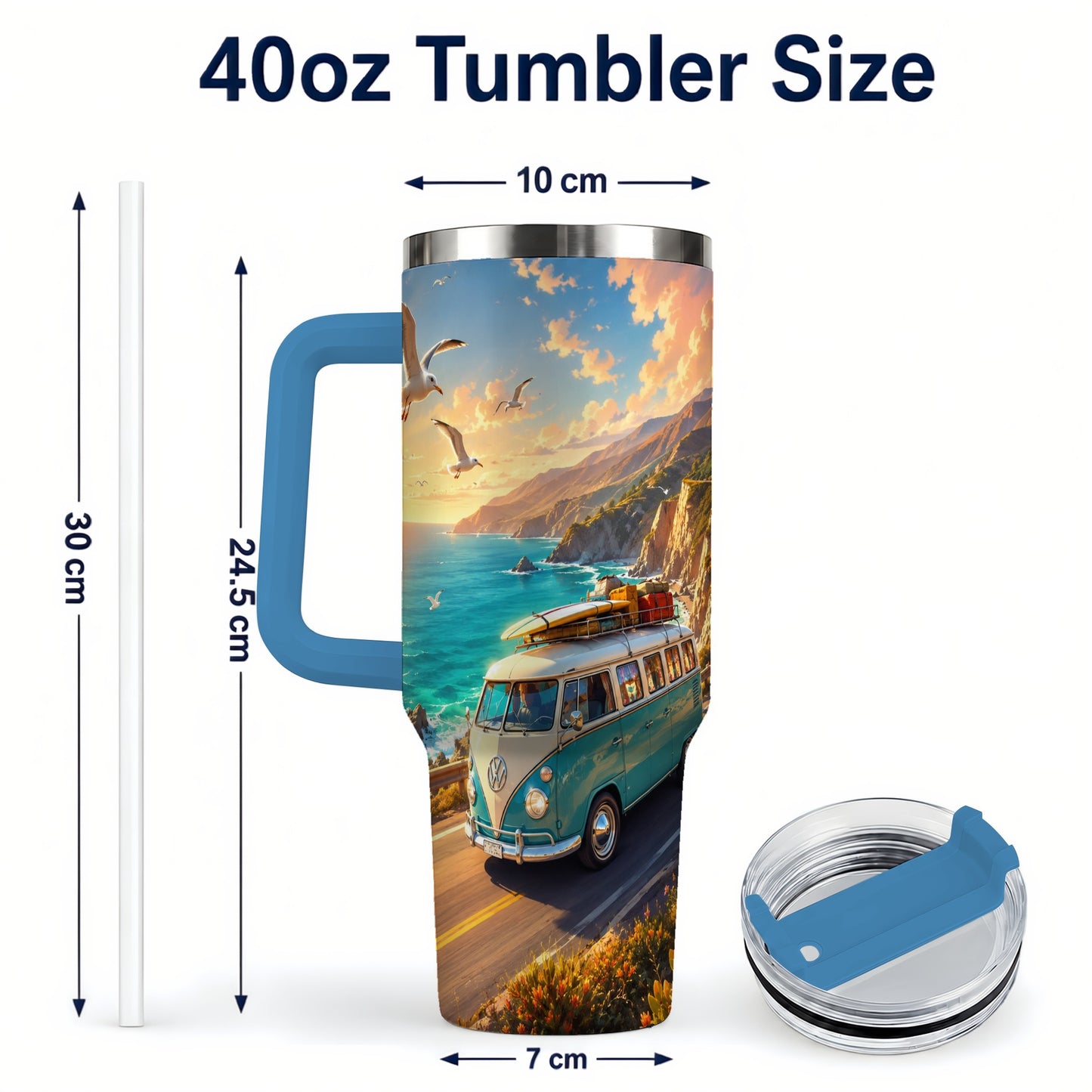 #pl[40oz|Blue] Retro Camper Van 40oz Tumbler with Handle, Coastal Road Adventure
