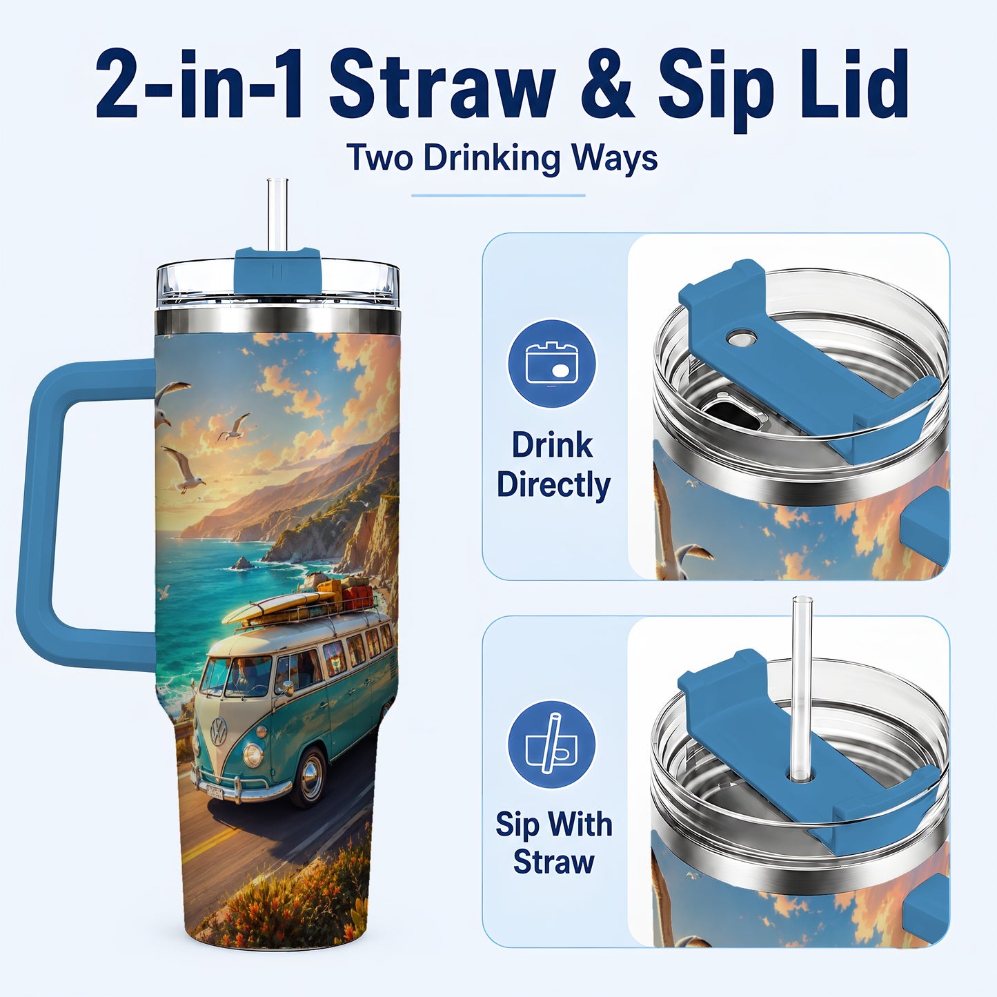 #pl[40oz|Blue] Retro Camper Van 40oz Tumbler with Handle, Coastal Road Adventure