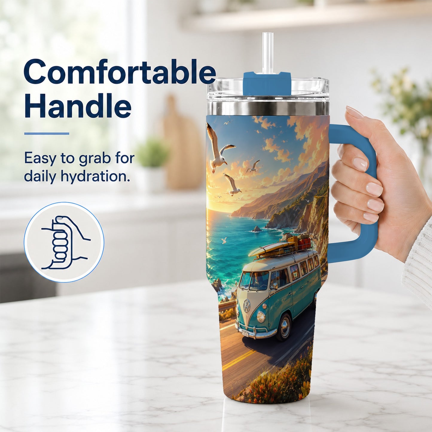 #pl[40oz|Blue] Retro Camper Van 40oz Tumbler with Handle, Coastal Road Adventure