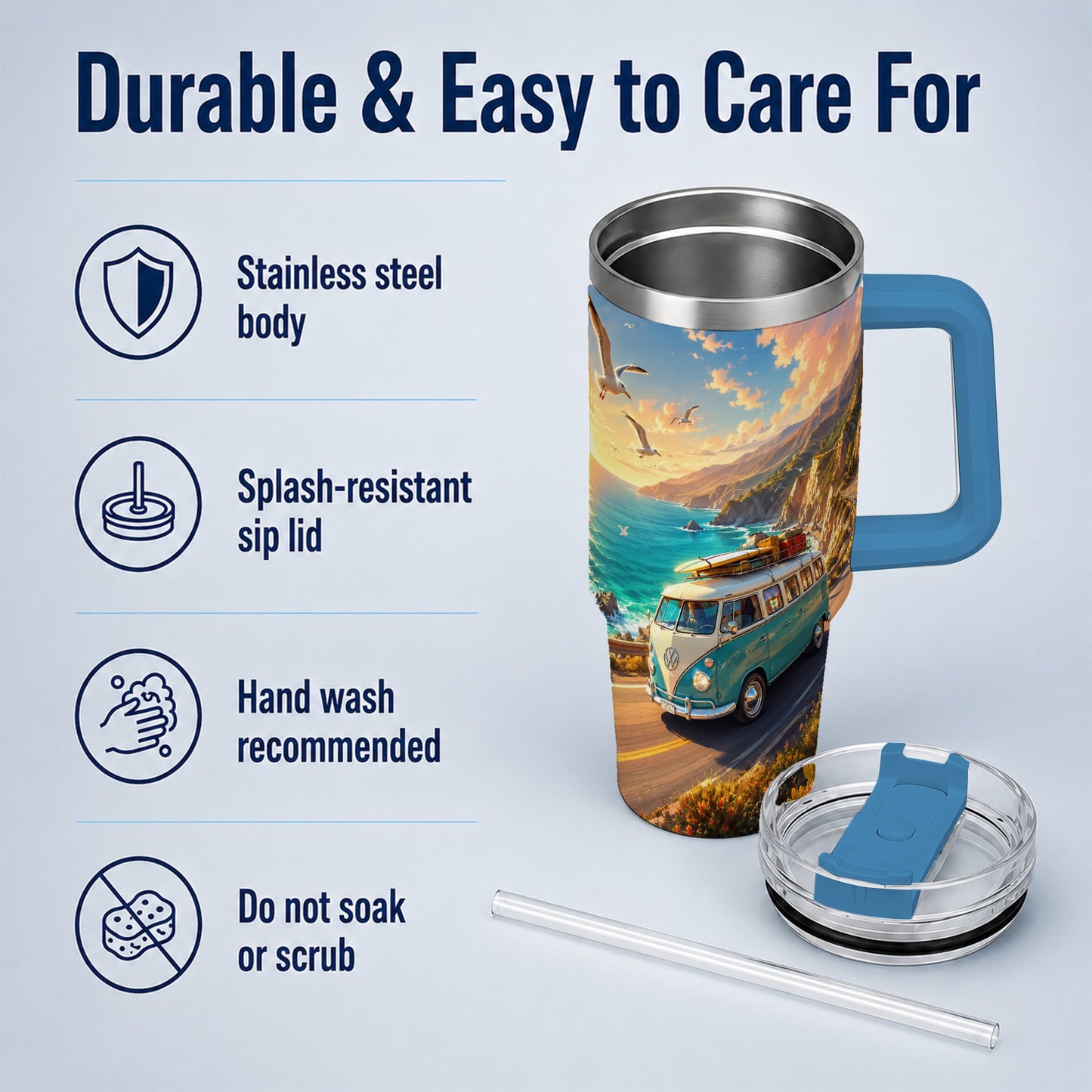 #pl[40oz|Blue] Retro Camper Van 40oz Tumbler with Handle, Coastal Road Adventure