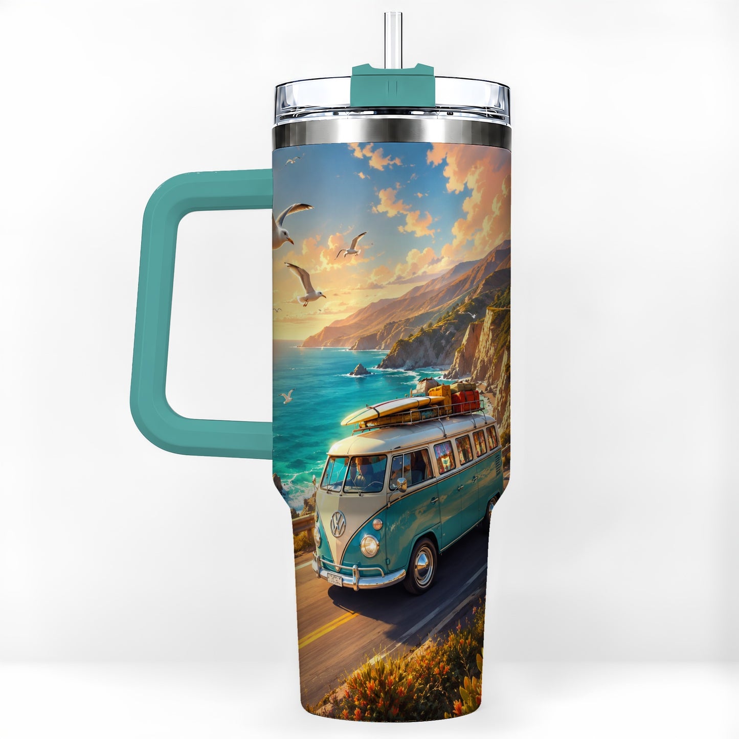 #pl[40oz|Green] Retro Camper Van 40oz Tumbler with Handle, Coastal Road Adventure