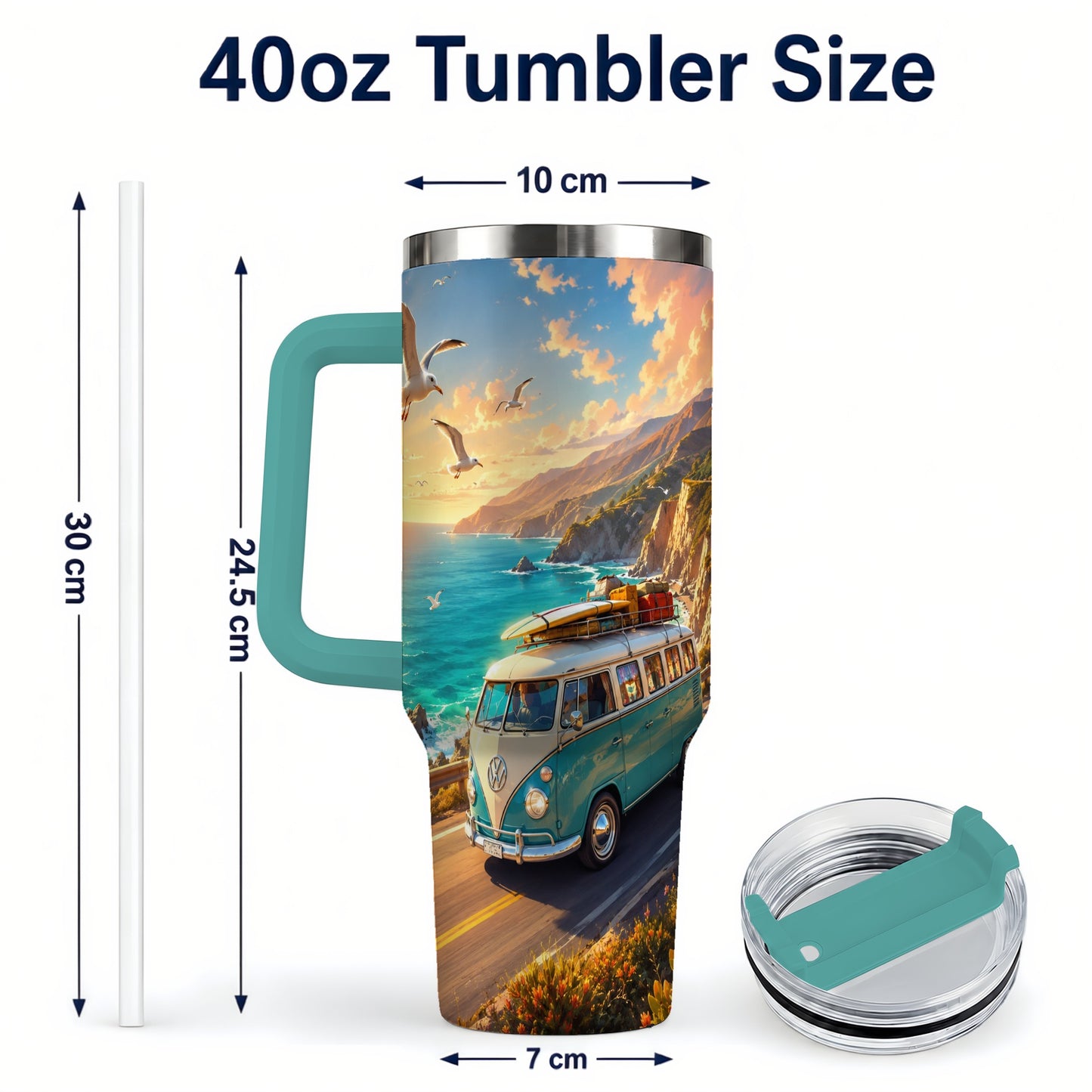 #pl[40oz|Green] Retro Camper Van 40oz Tumbler with Handle, Coastal Road Adventure
