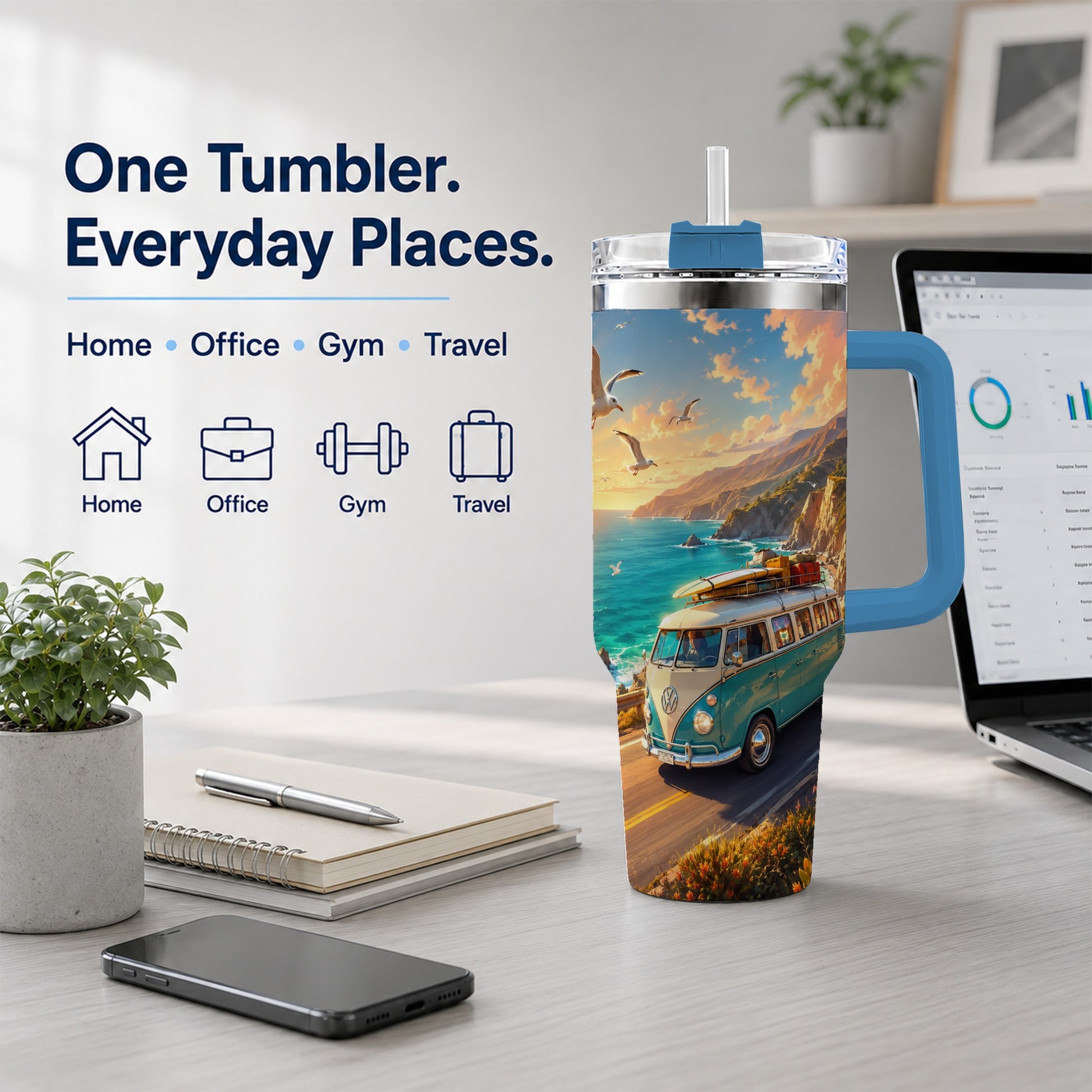 #pl[40oz|Blue] Retro Camper Van 40oz Tumbler with Handle, Coastal Road Adventure